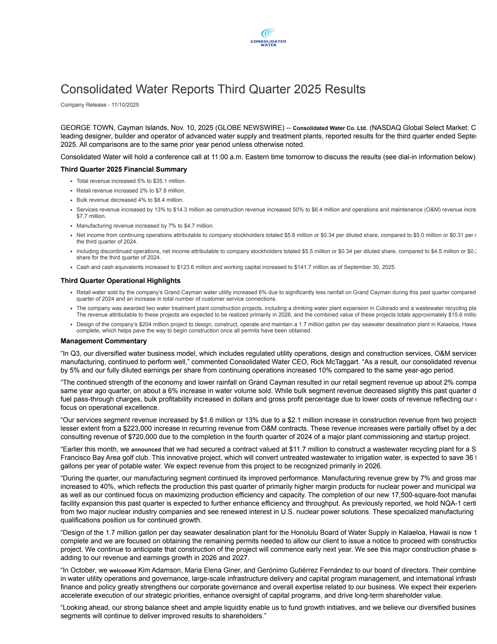 Consolidated Water's Q3 2025 Earnings Release