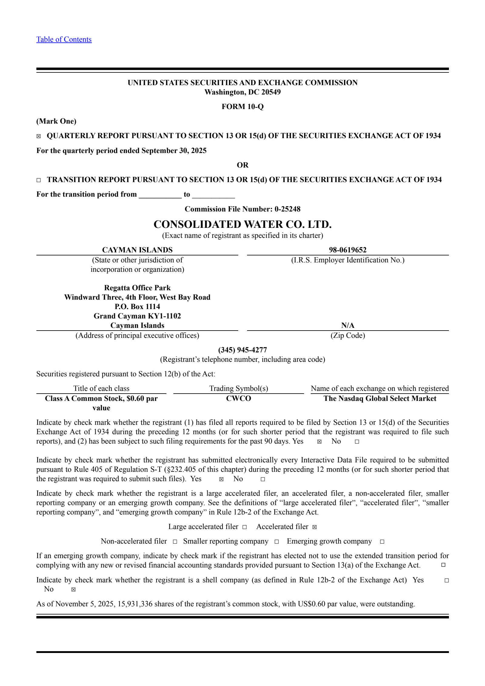 Consolidated Water's Q3 2025 Quarterly Report