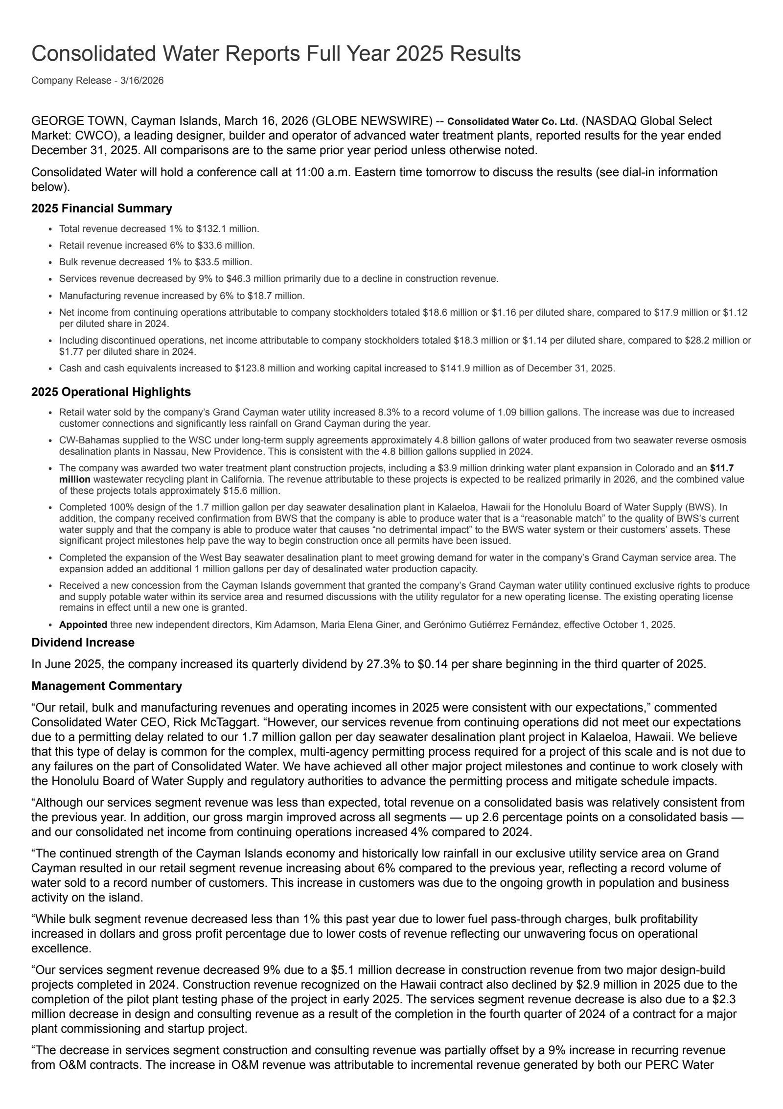 Consolidated Water's Q4 2025 Press Release