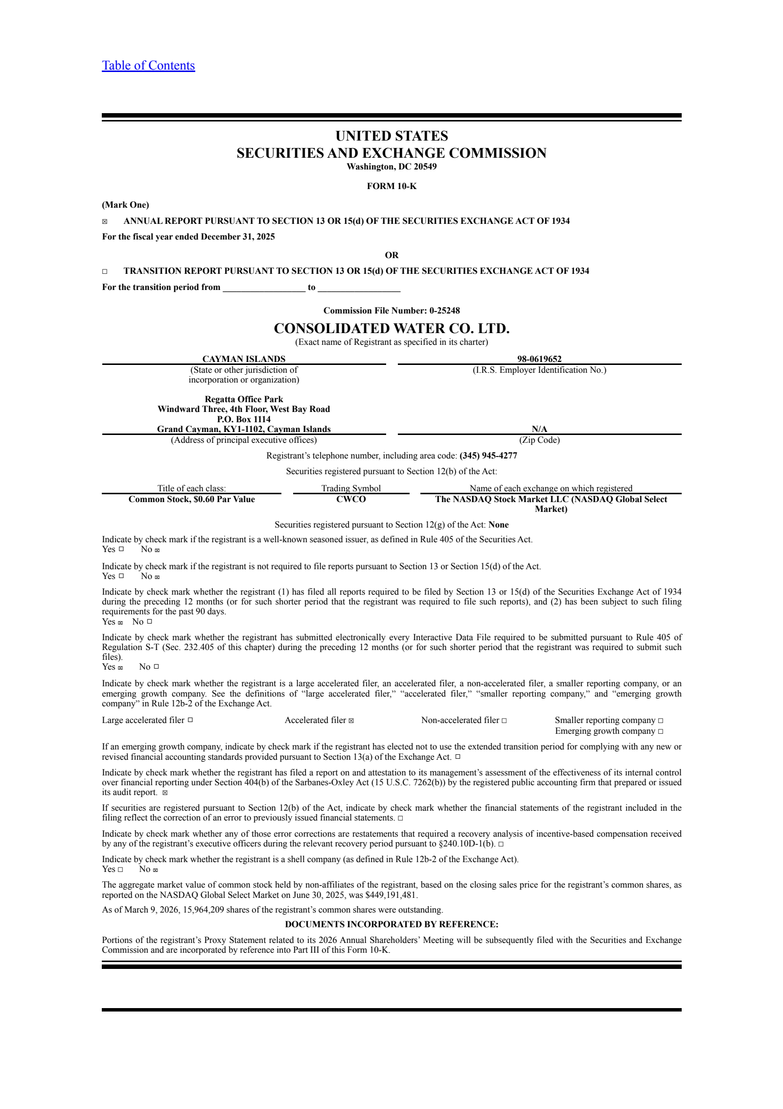 Consolidated Water's Q4 2025 Annual report