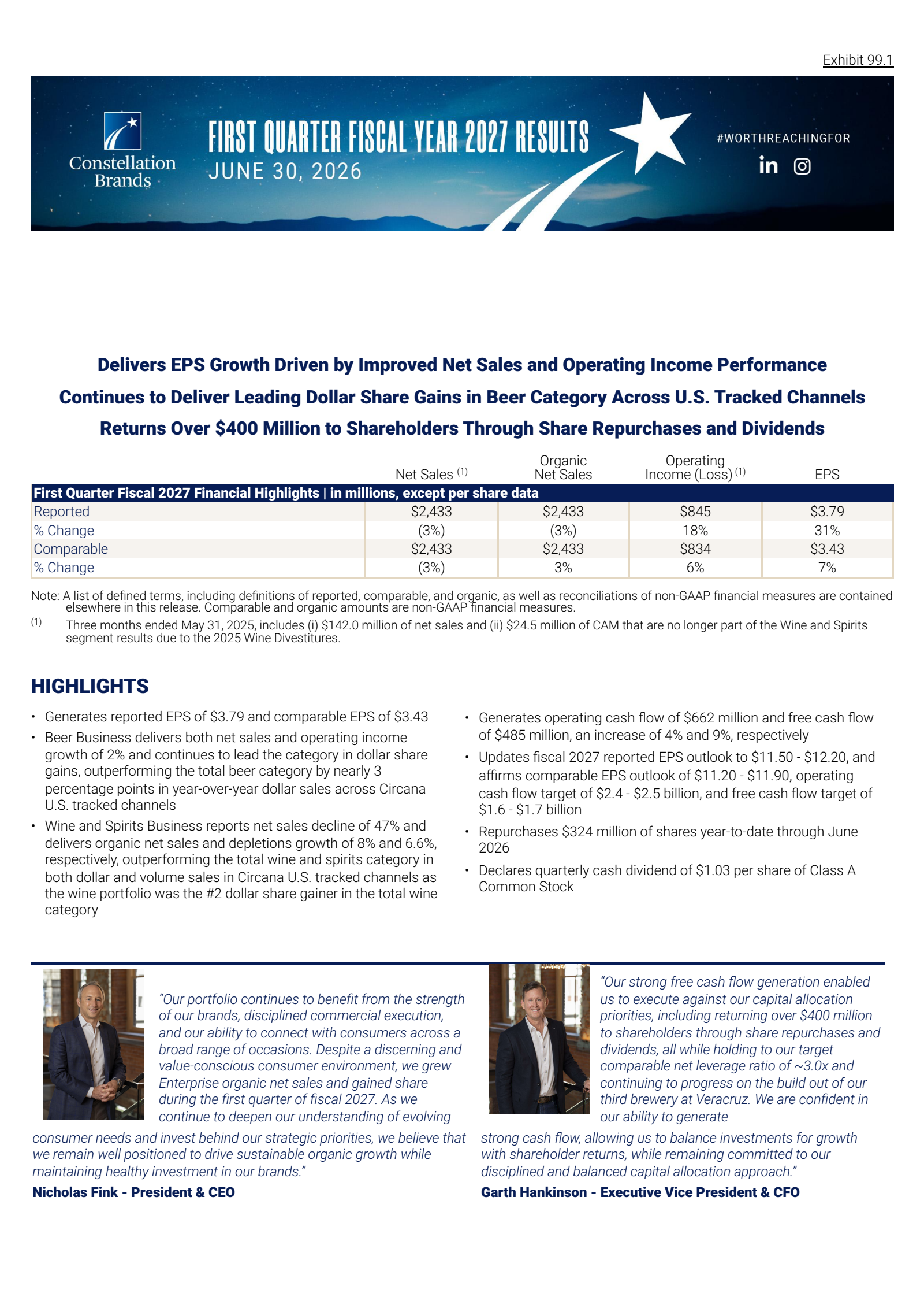 Constellation Brands' Q1 2027 Press Release