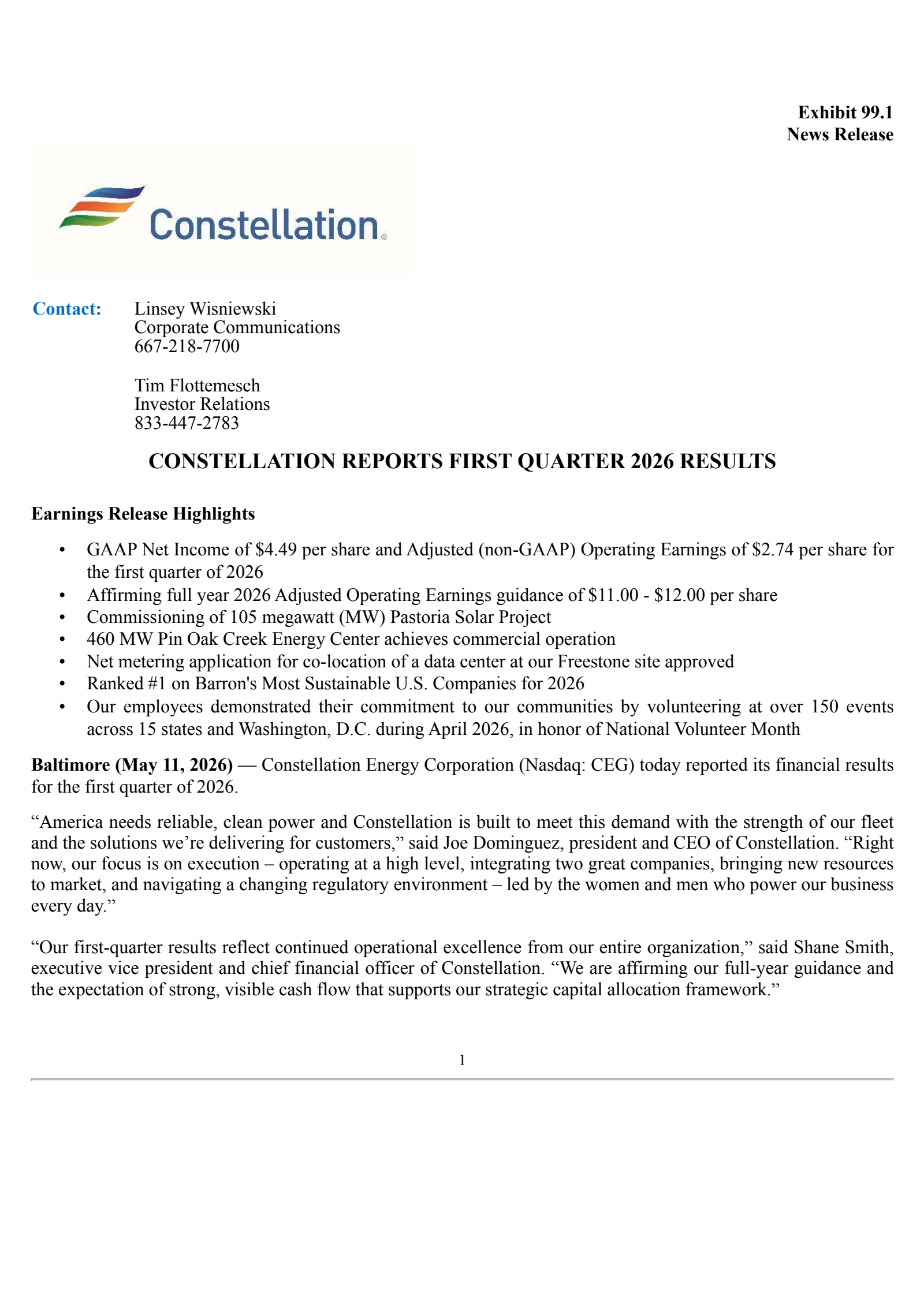 Constellation Energy's Q1 2026 Press Release