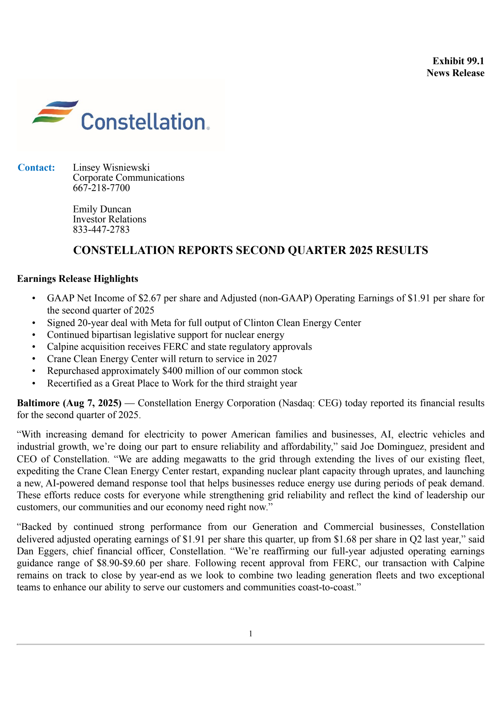 Constellation Energy's Q2 2025 Press Release