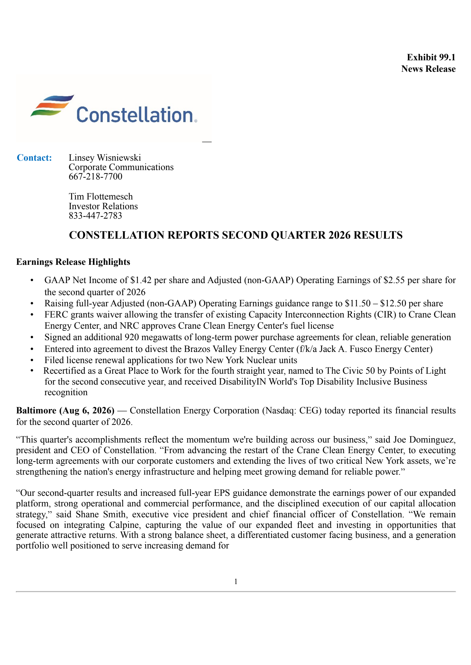 Constellation Energy's Q2 2026 Press Release