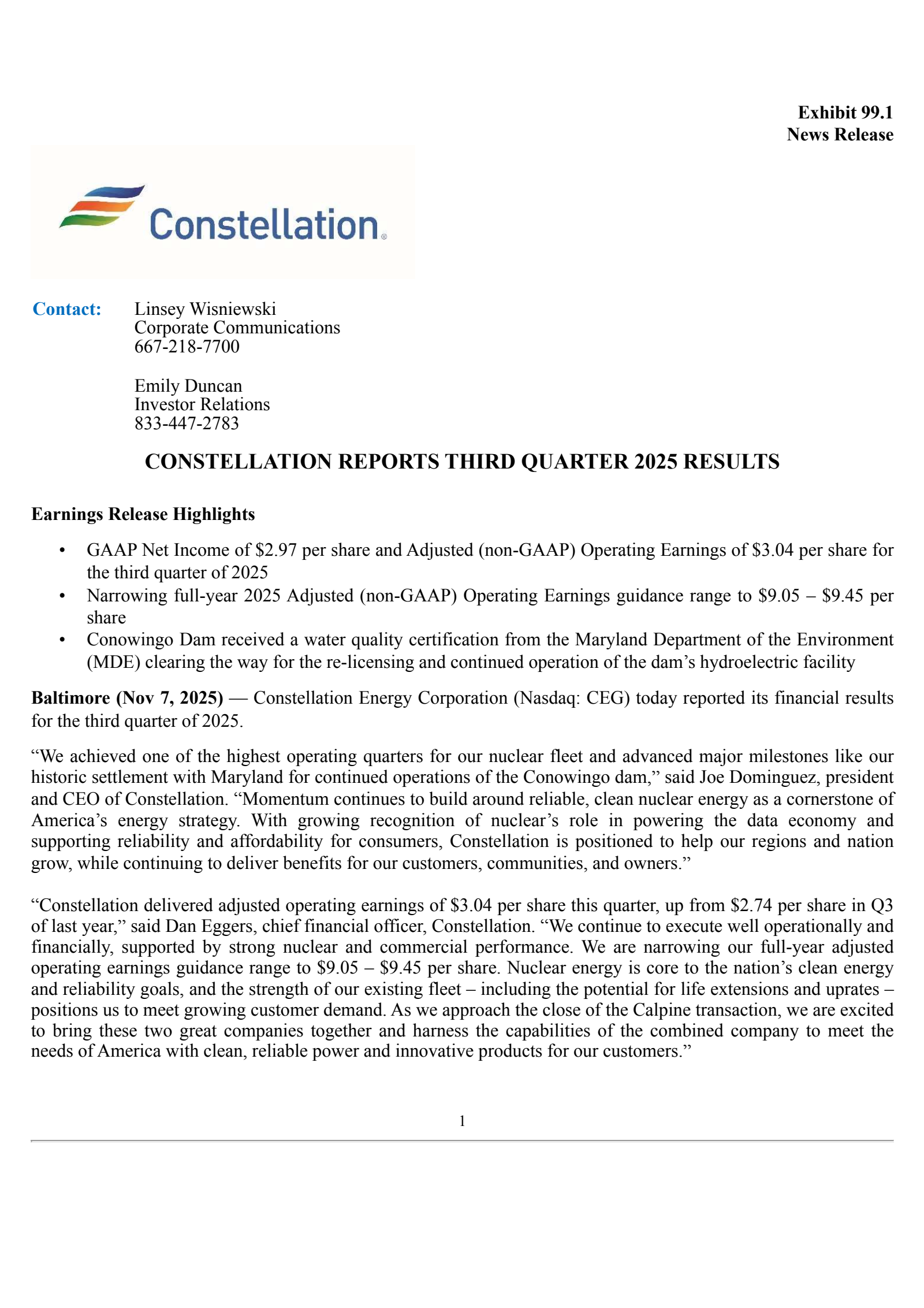 Constellation Energy's Q3 2025 Earnings Release