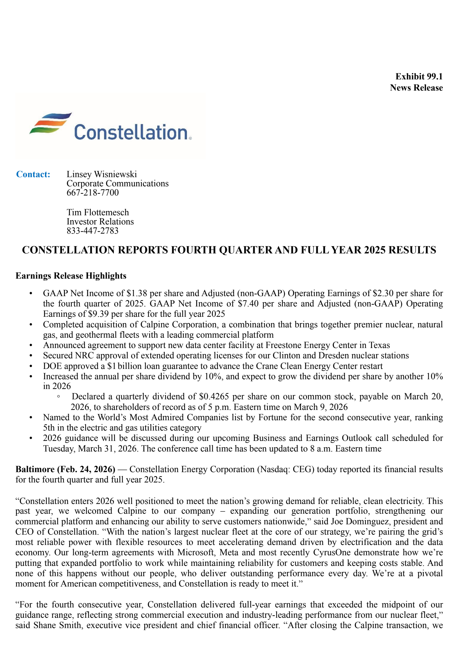 Constellation Energy's Q4 2025 Press Release