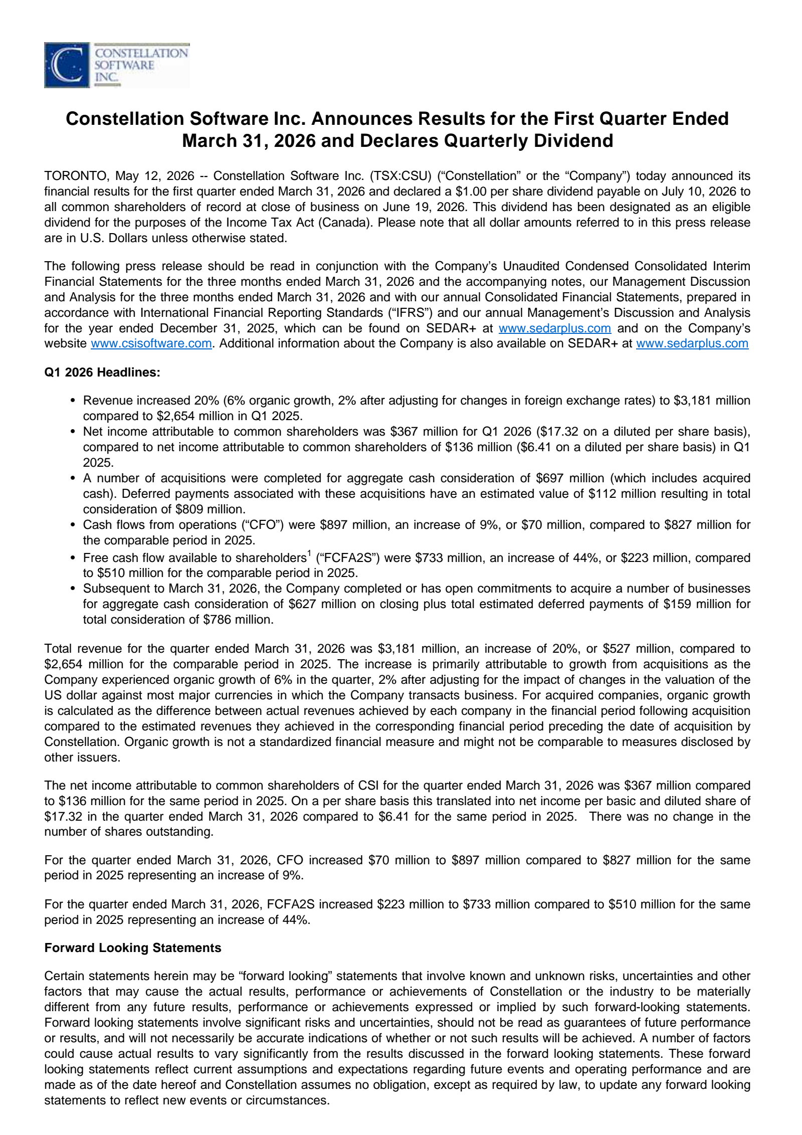Constellation Software's Q1 2026 Press Release