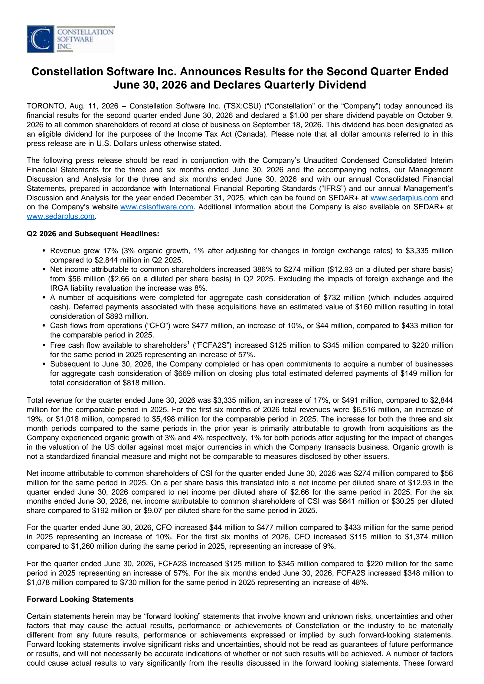 Constellation Software's Q2 2026 Press Release