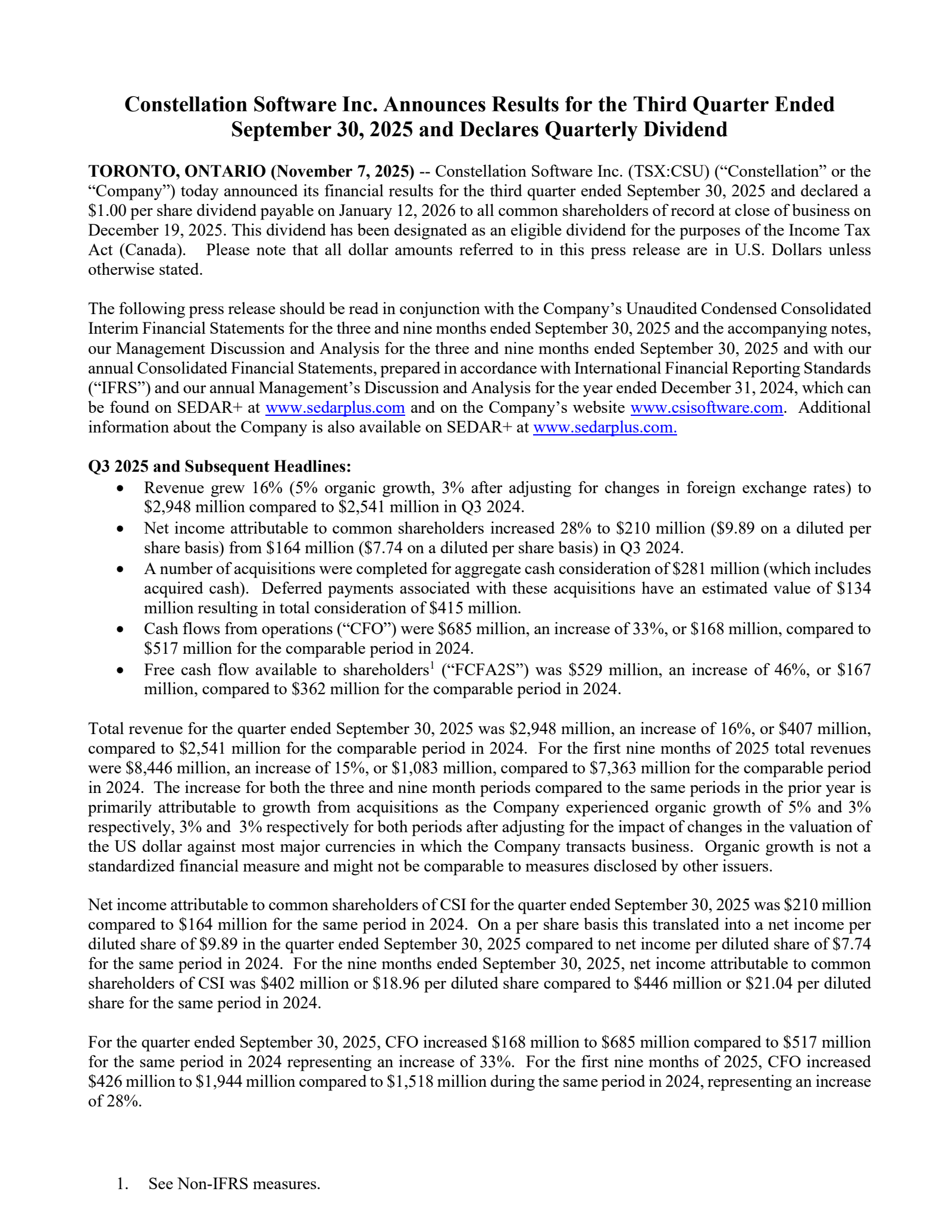 Constellation Software's Q3 2025 Earnings Release