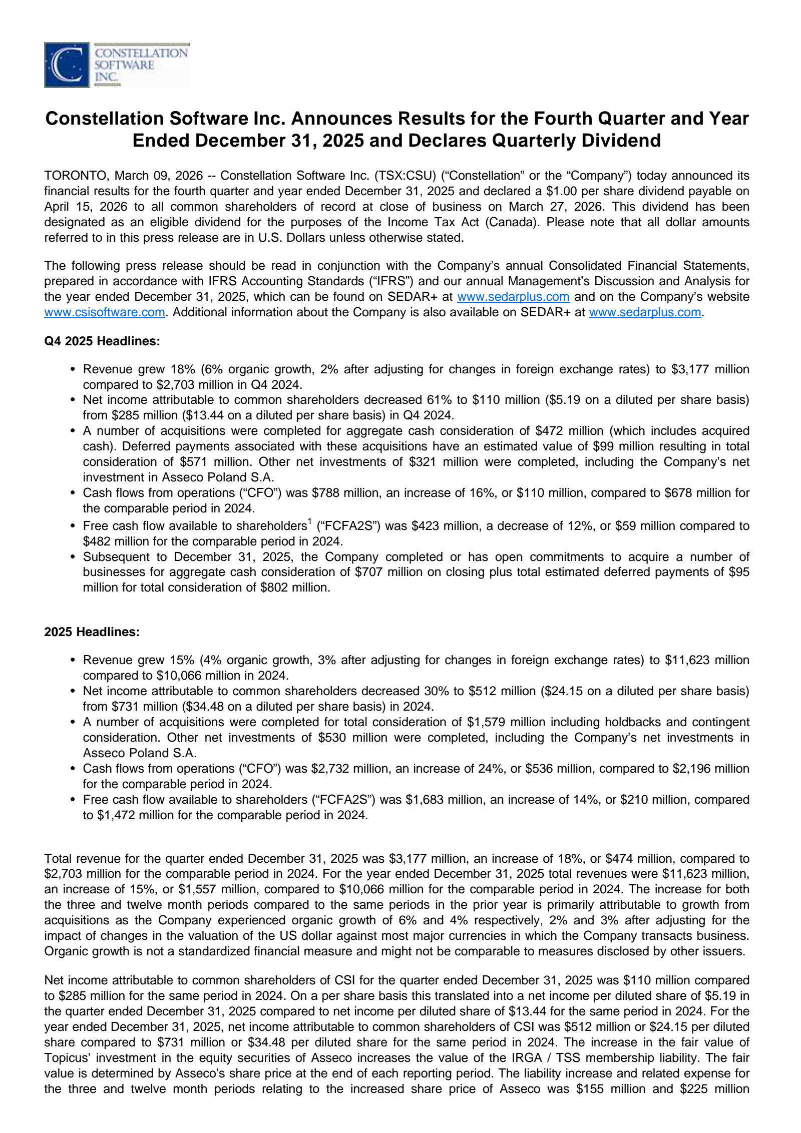 Constellation Software's Q4 2025 Press Release