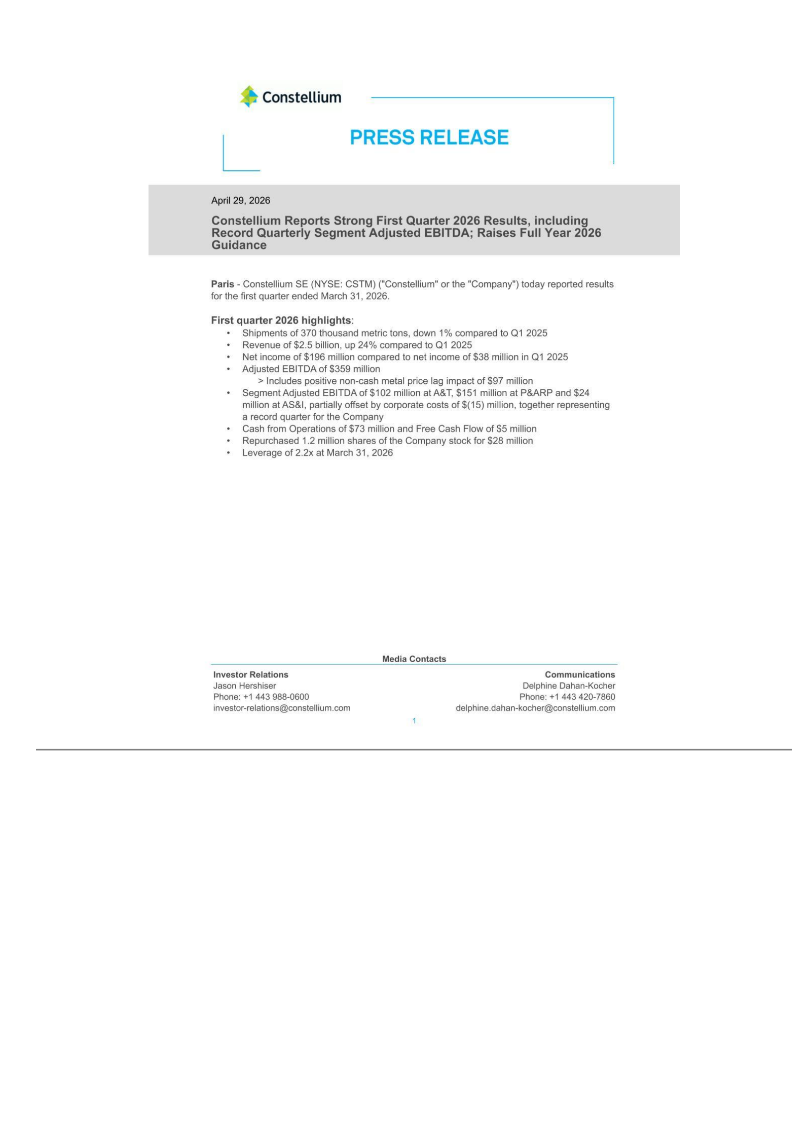 Constellium's Q1 2026 Press Release