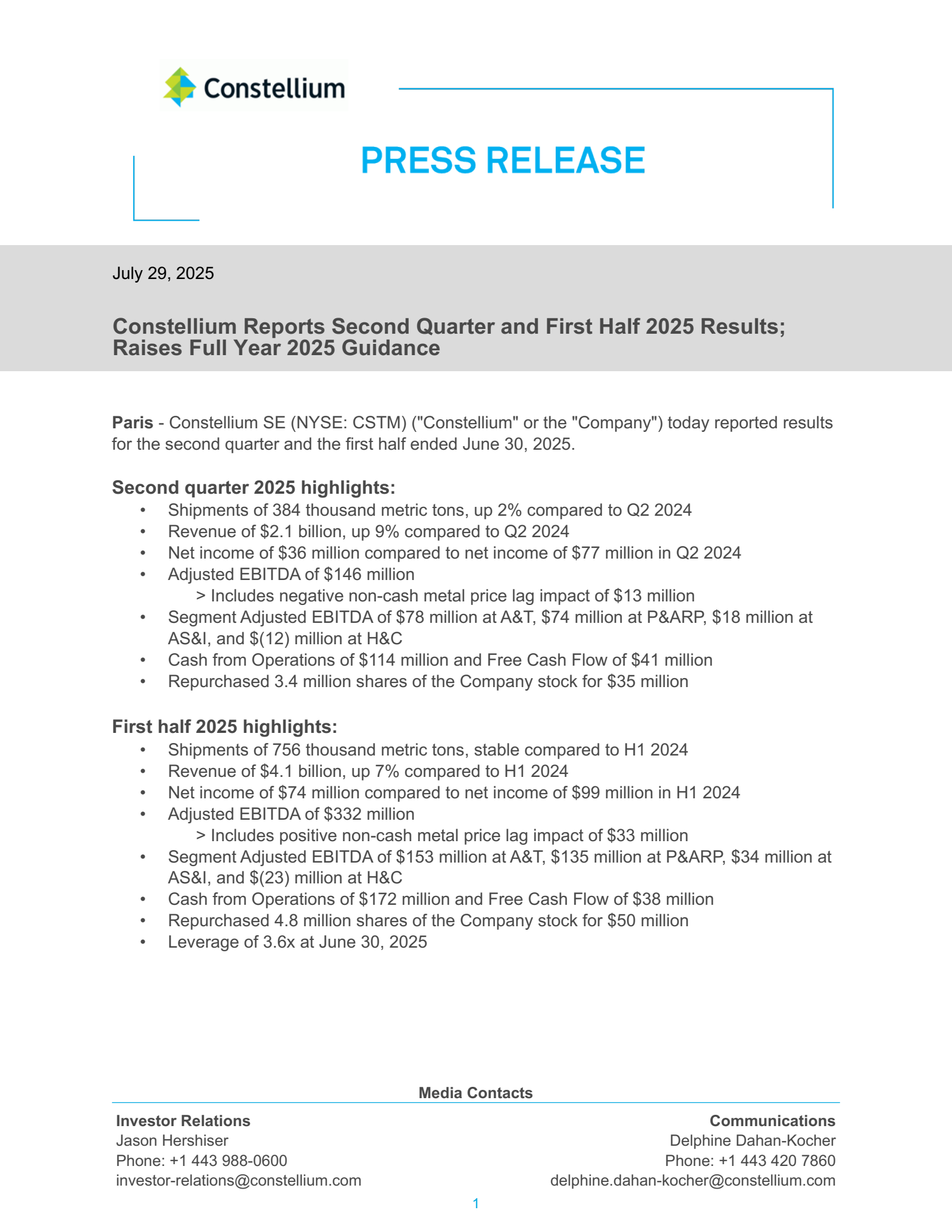 Constellium's Q2 2025 Press Release