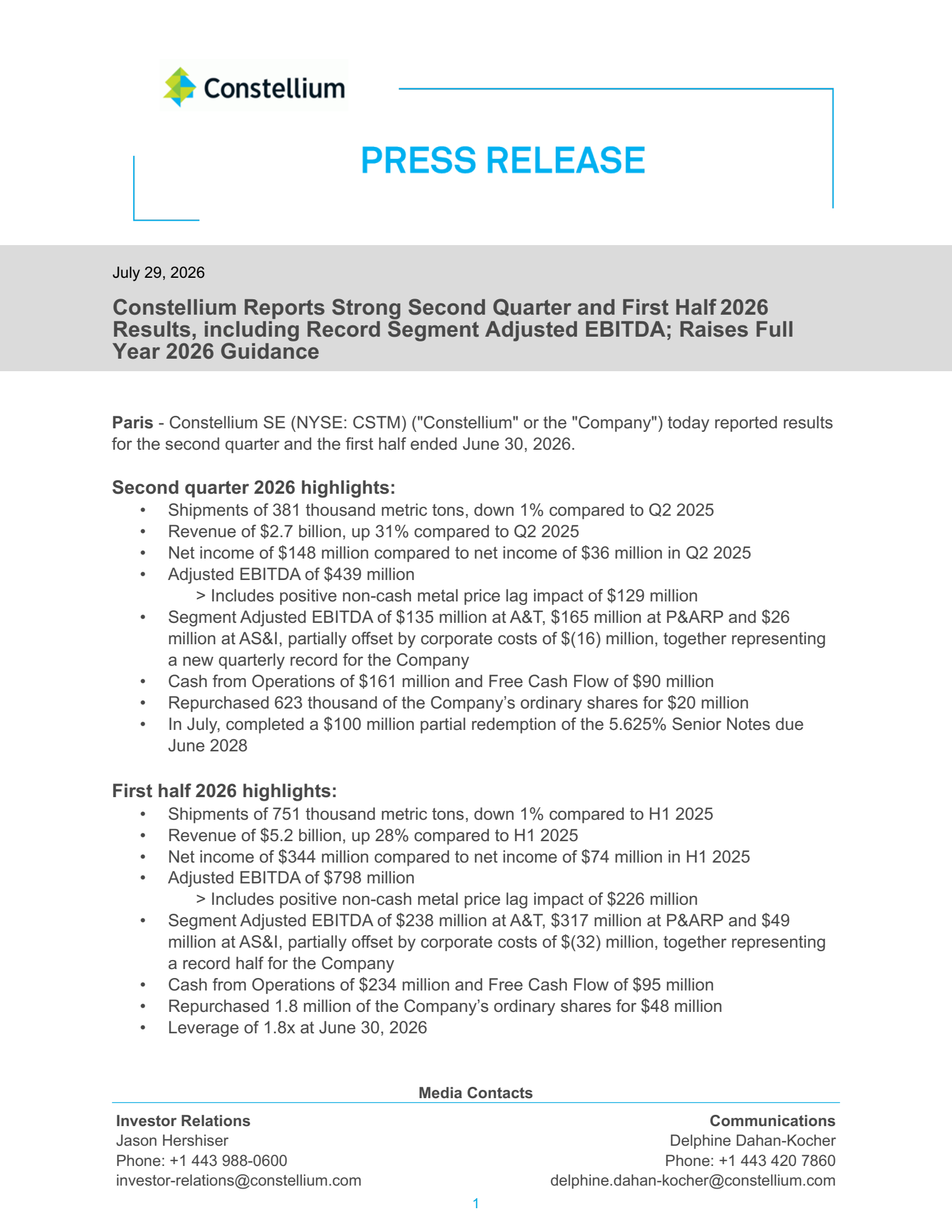 Constellium's Q2 2026 Press Release