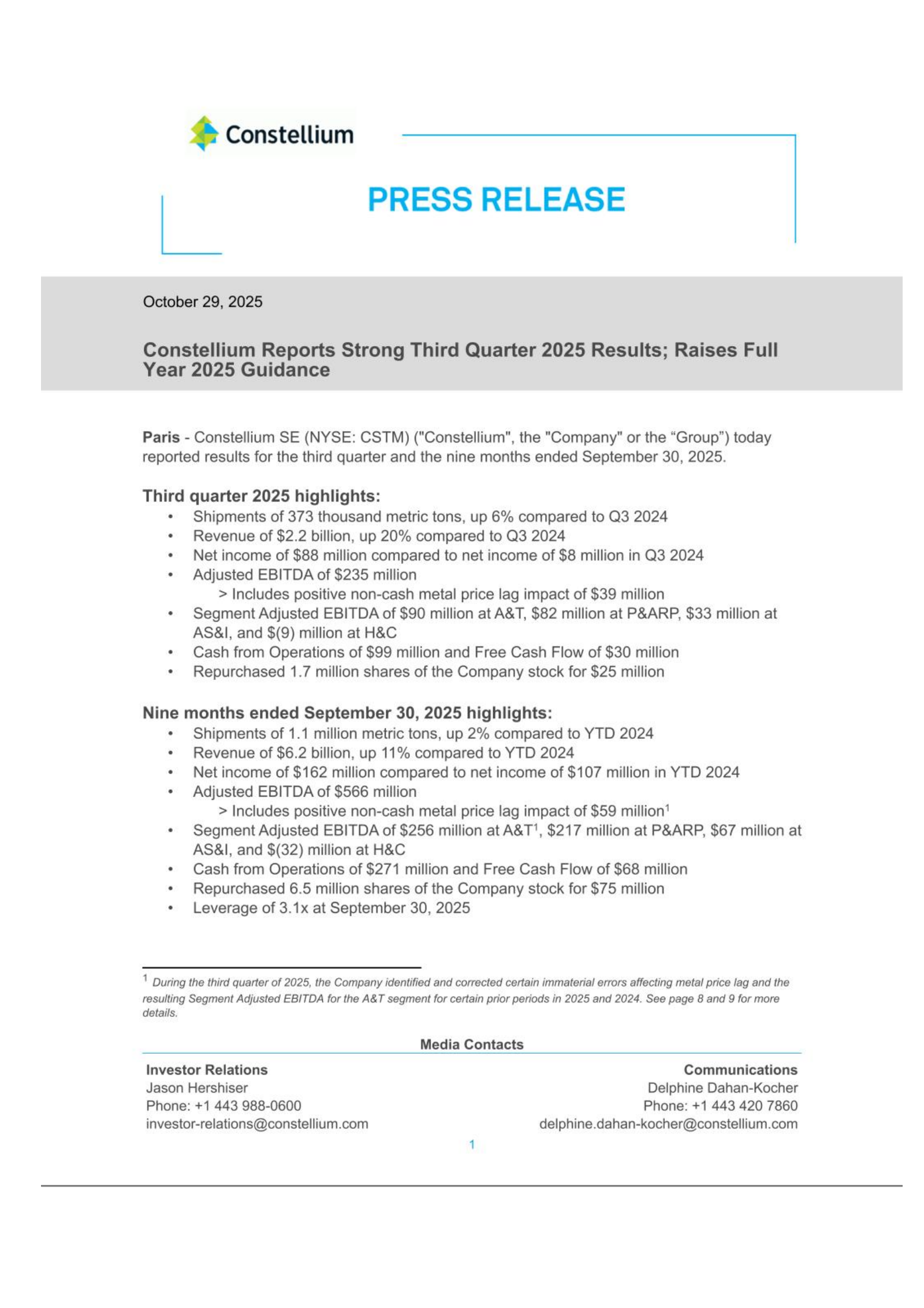 Constellium's Q3 2025 Earnings Release