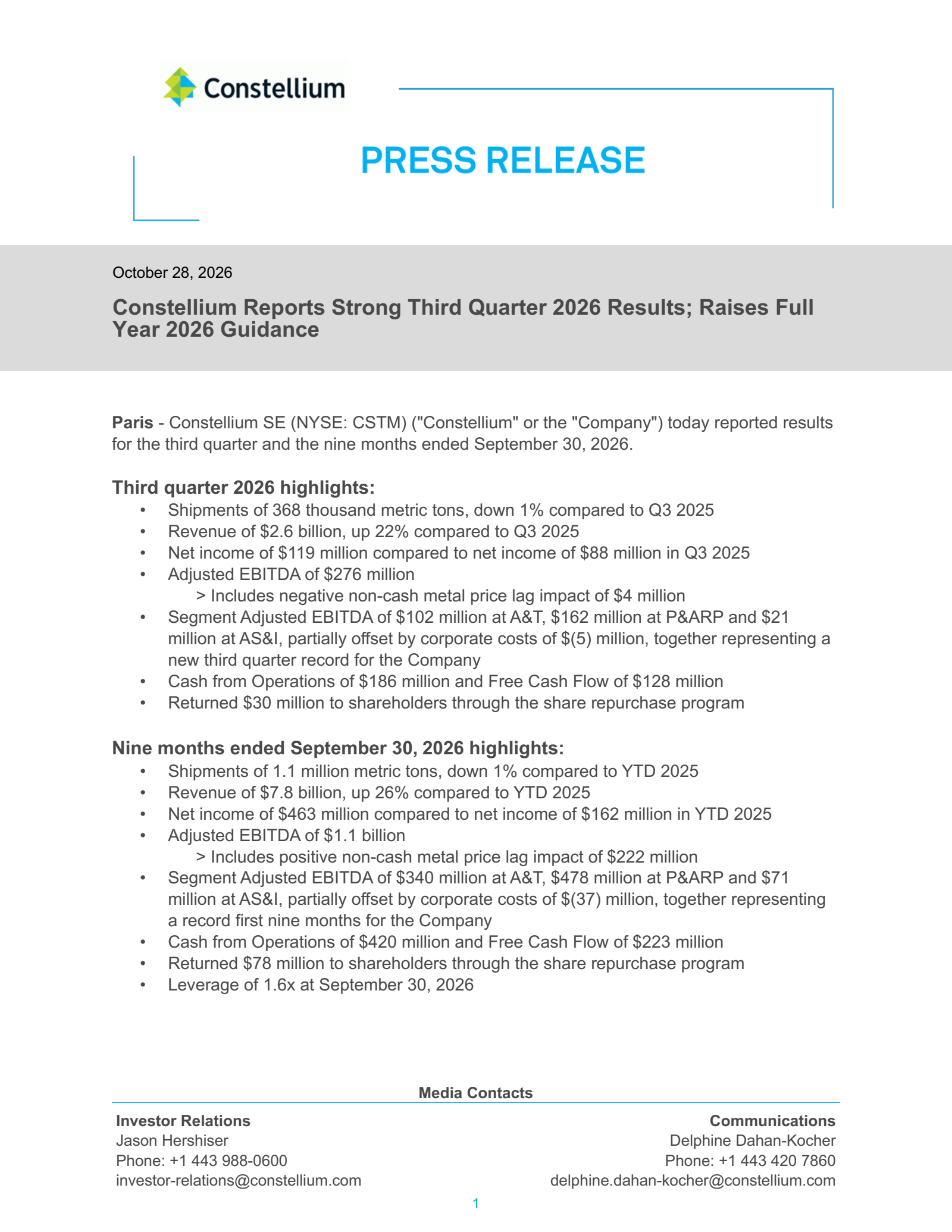 Constellium's Q3 2026 Press Release