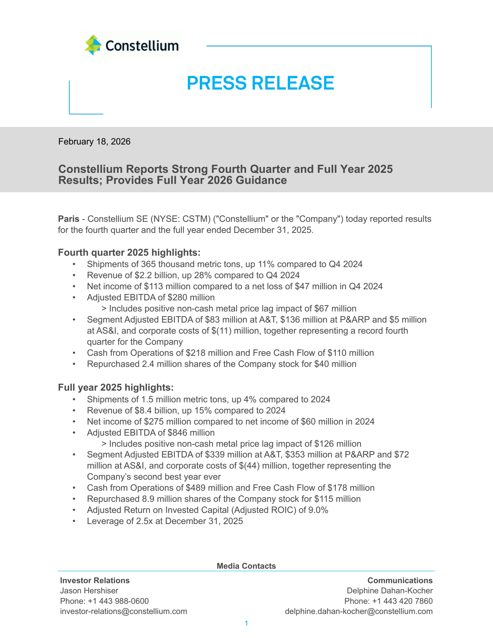 Constellium's Q4 2025 Press Release
