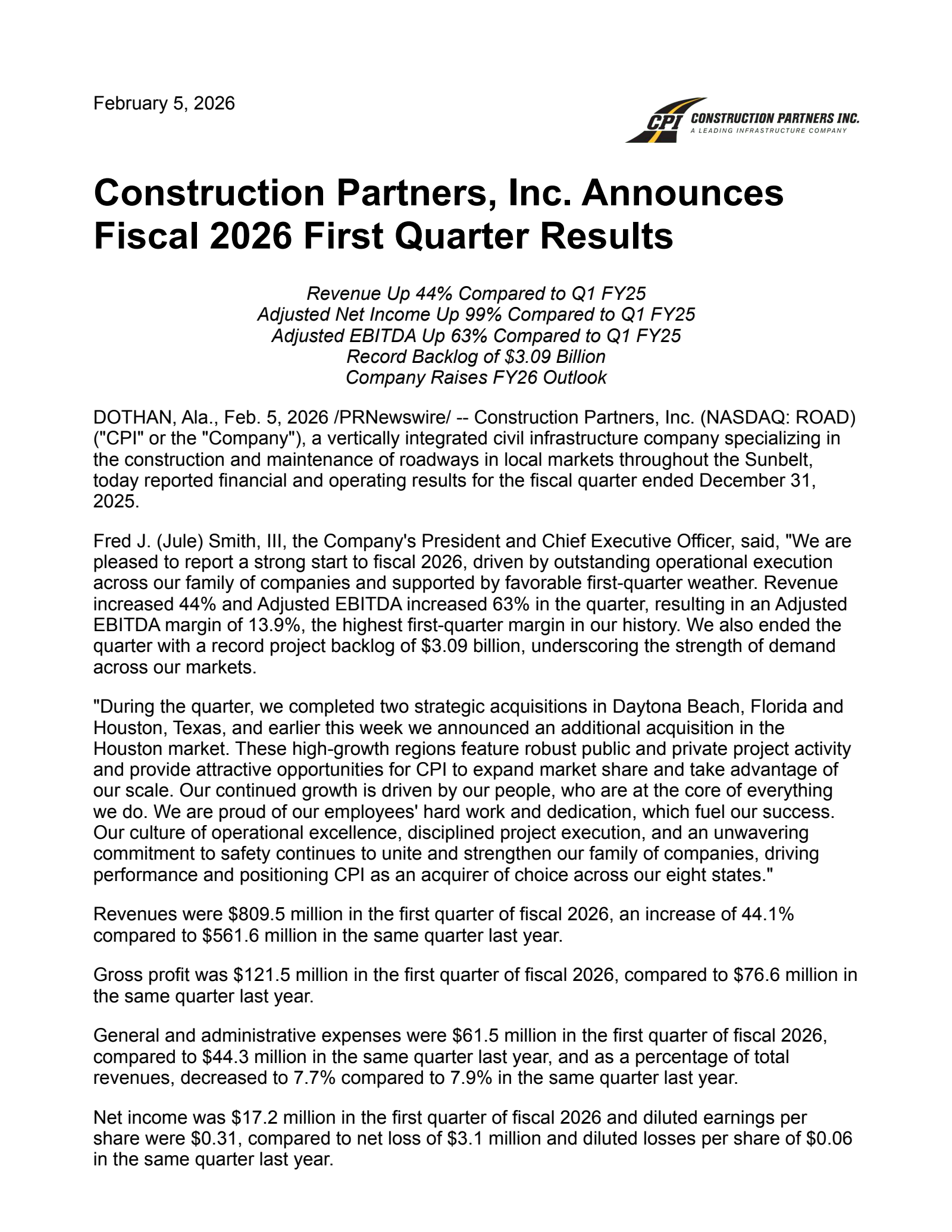 Construction Partners' Q1 2026 Press Release