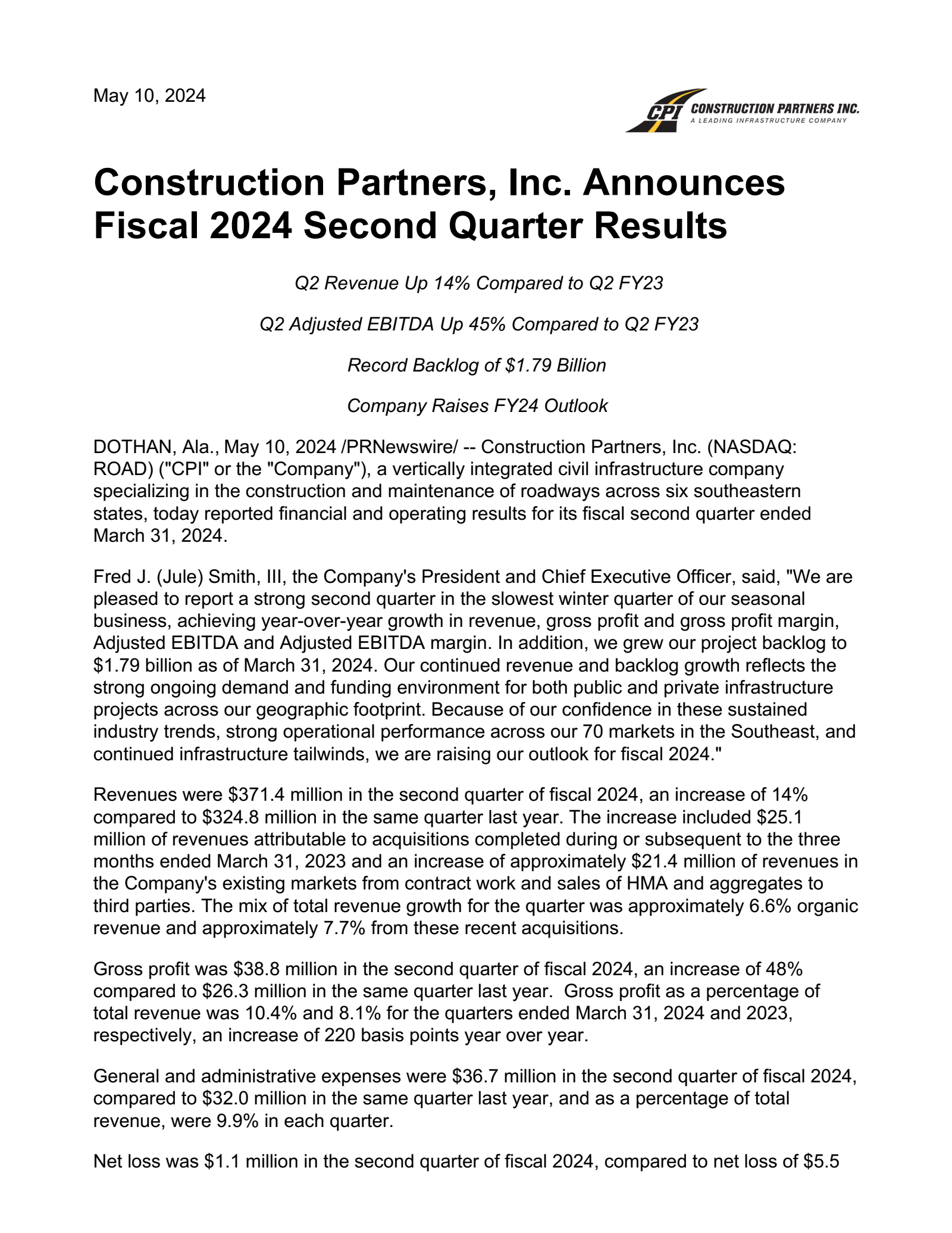 Construction Partners' Q2 2024 Press Release