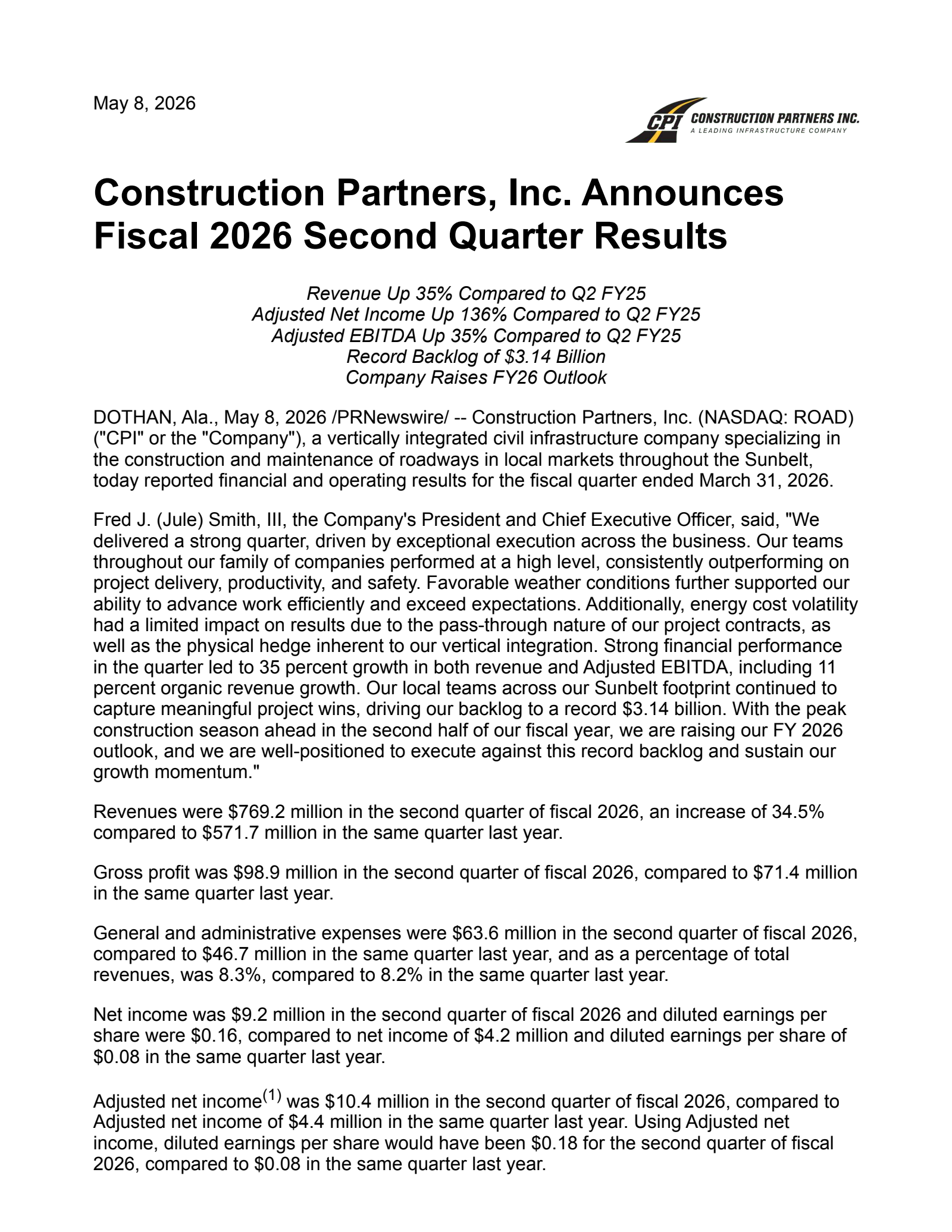 Construction Partners' Q2 2026 Press Release