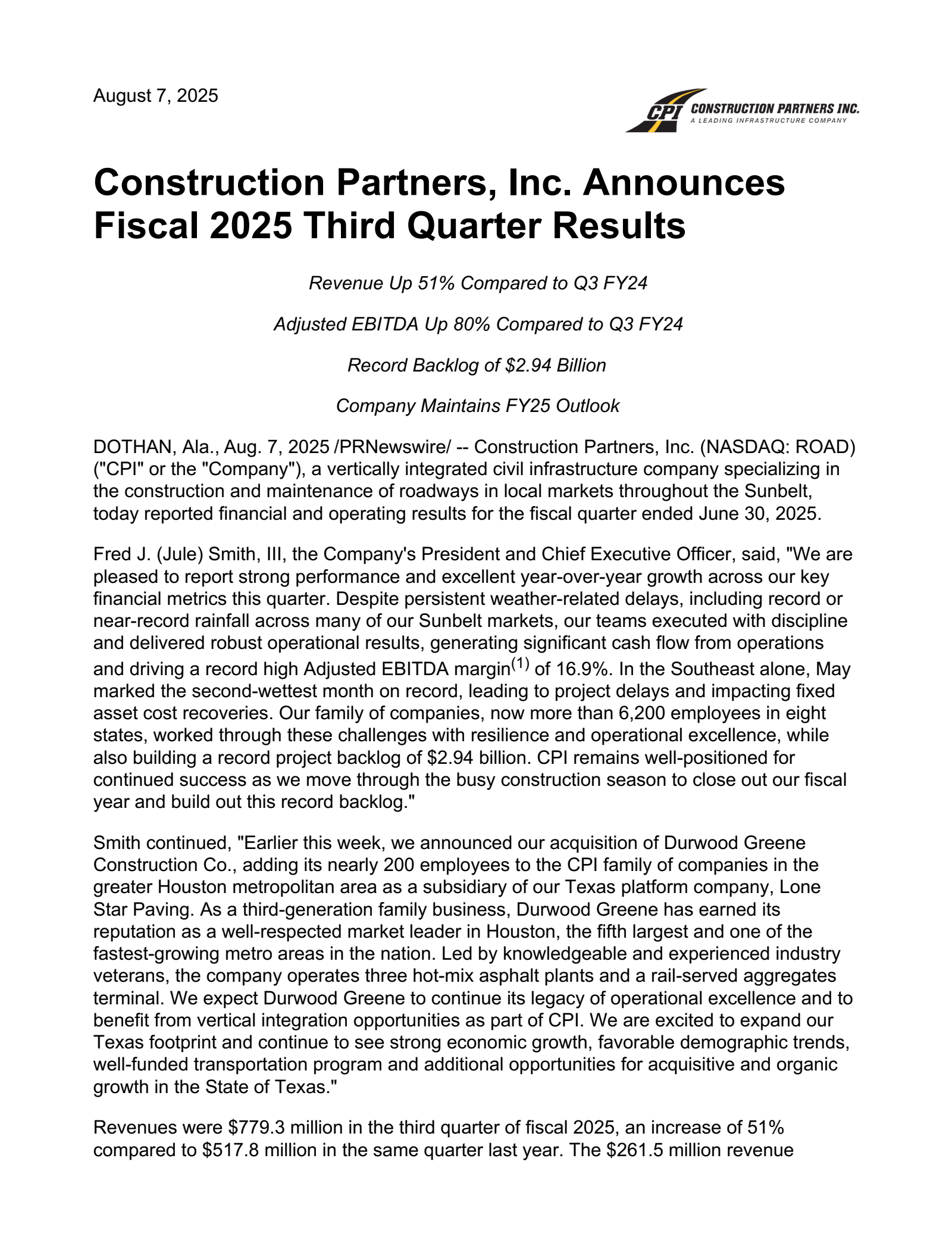 Construction Partners' Q3 2025 Press Release