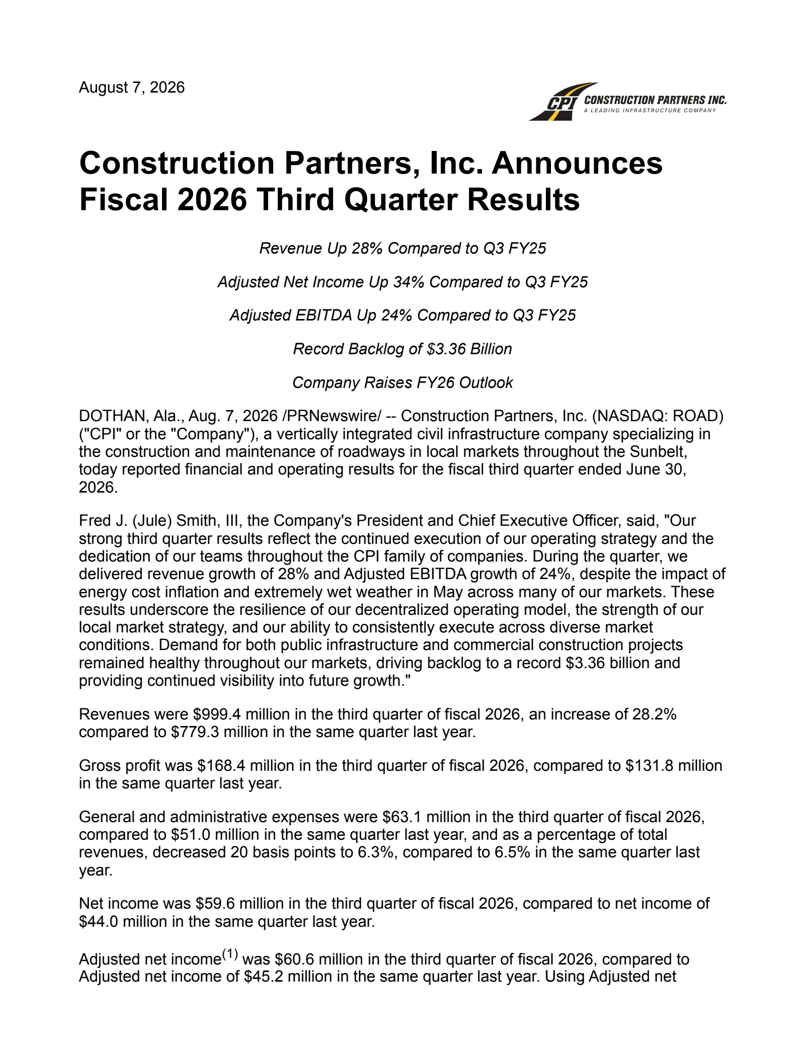 Construction Partners' Q3 2026 Press Release