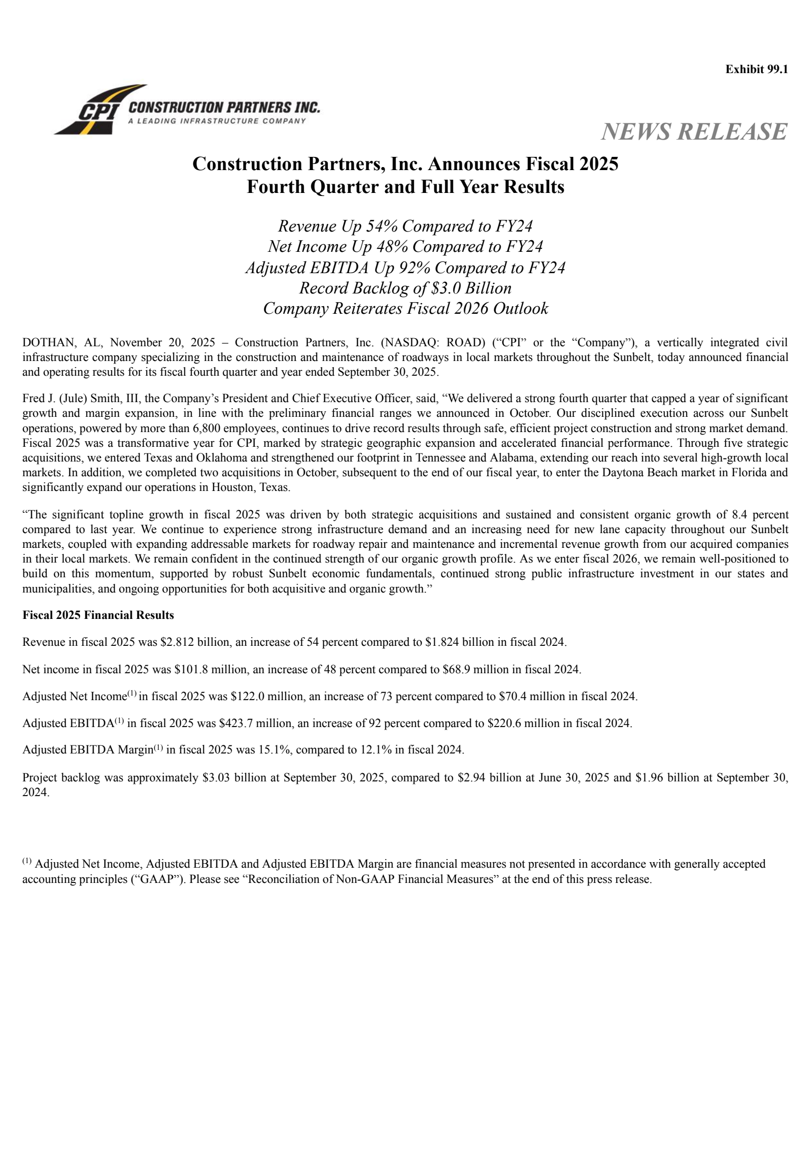 Construction Partners' Q4 2025 Earnings Release