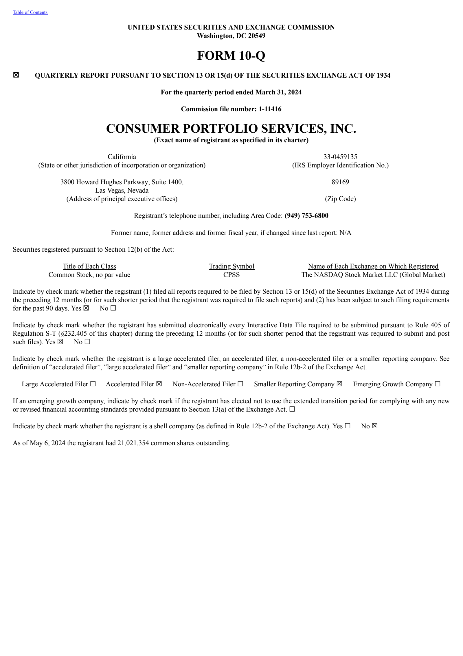 Consumer Portfolio Services' Q1 2024 Quarterly Report