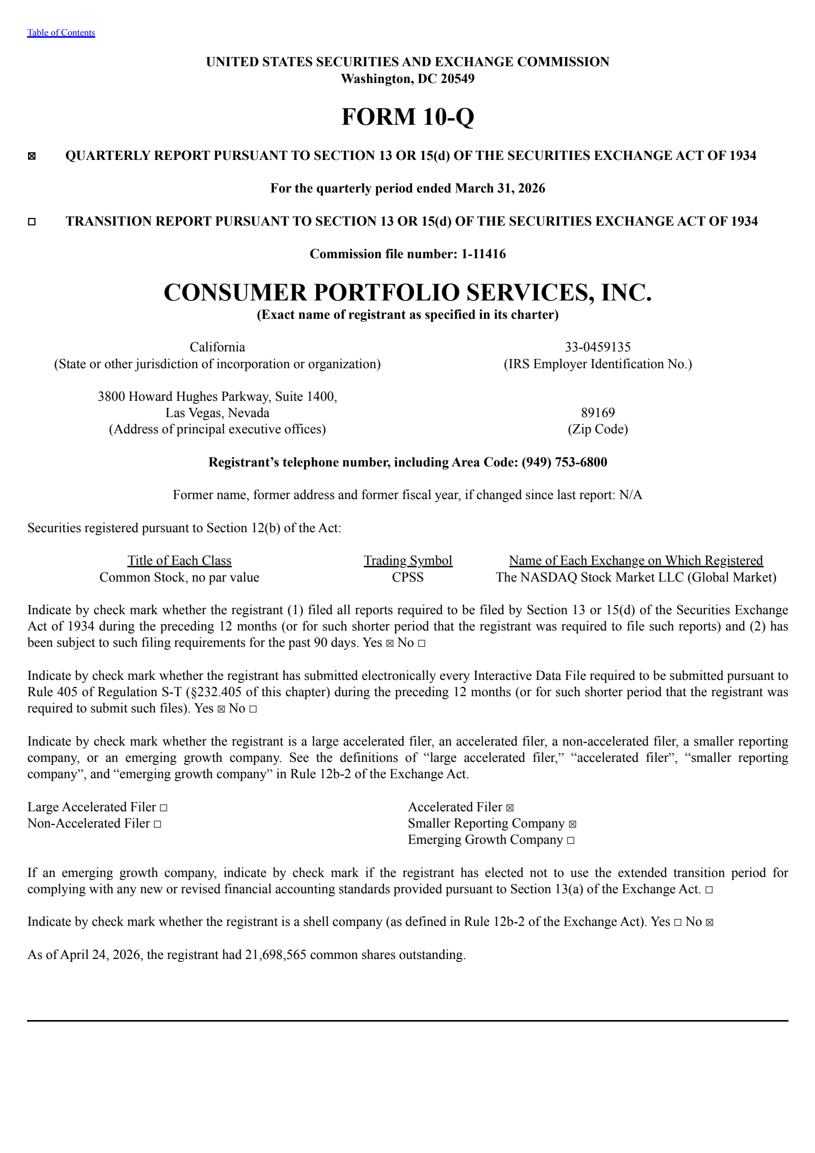 Consumer Portfolio Services' Q1 2026 Quarterly report