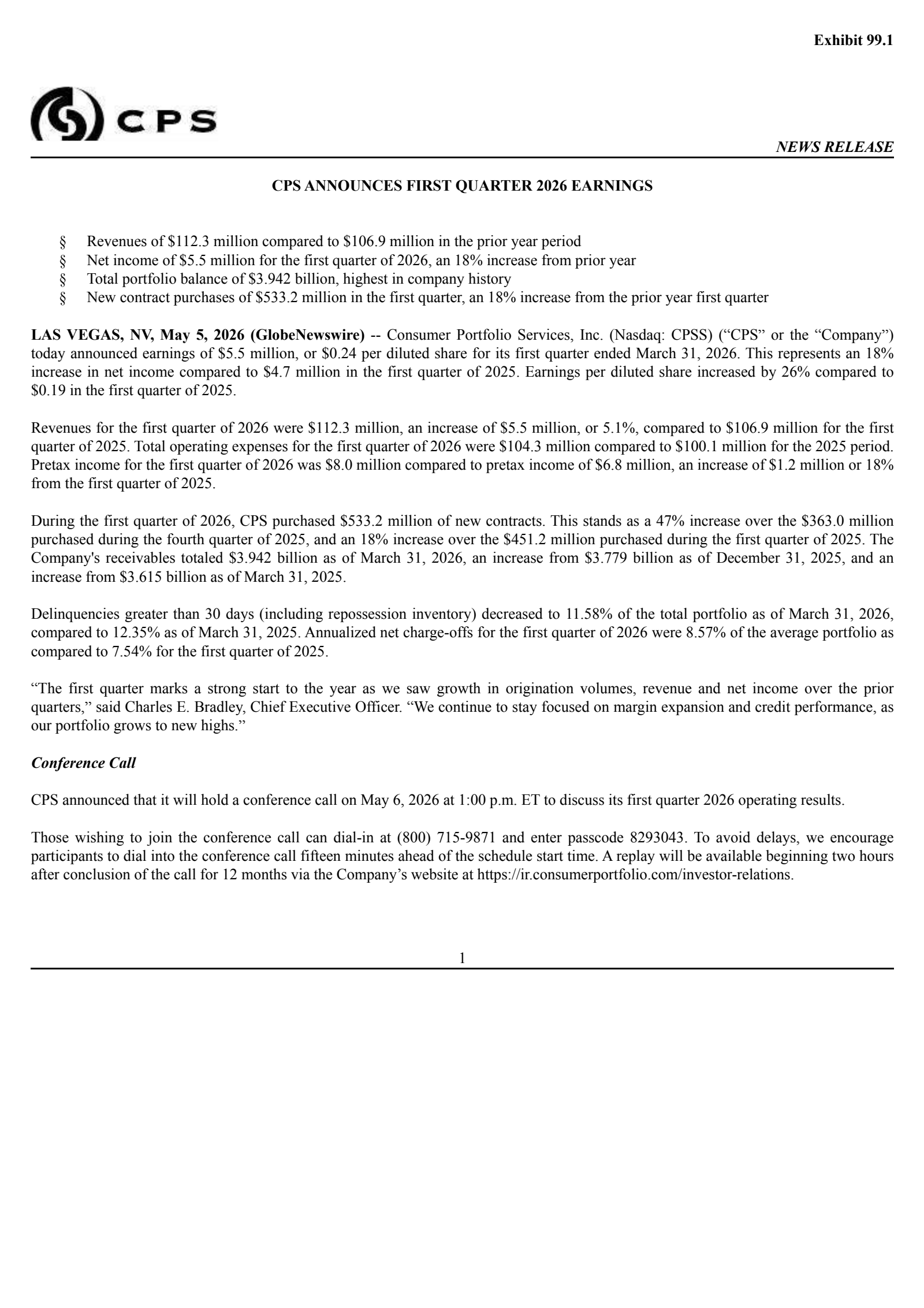 Consumer Portfolio Services' Q1 2026 Press Release
