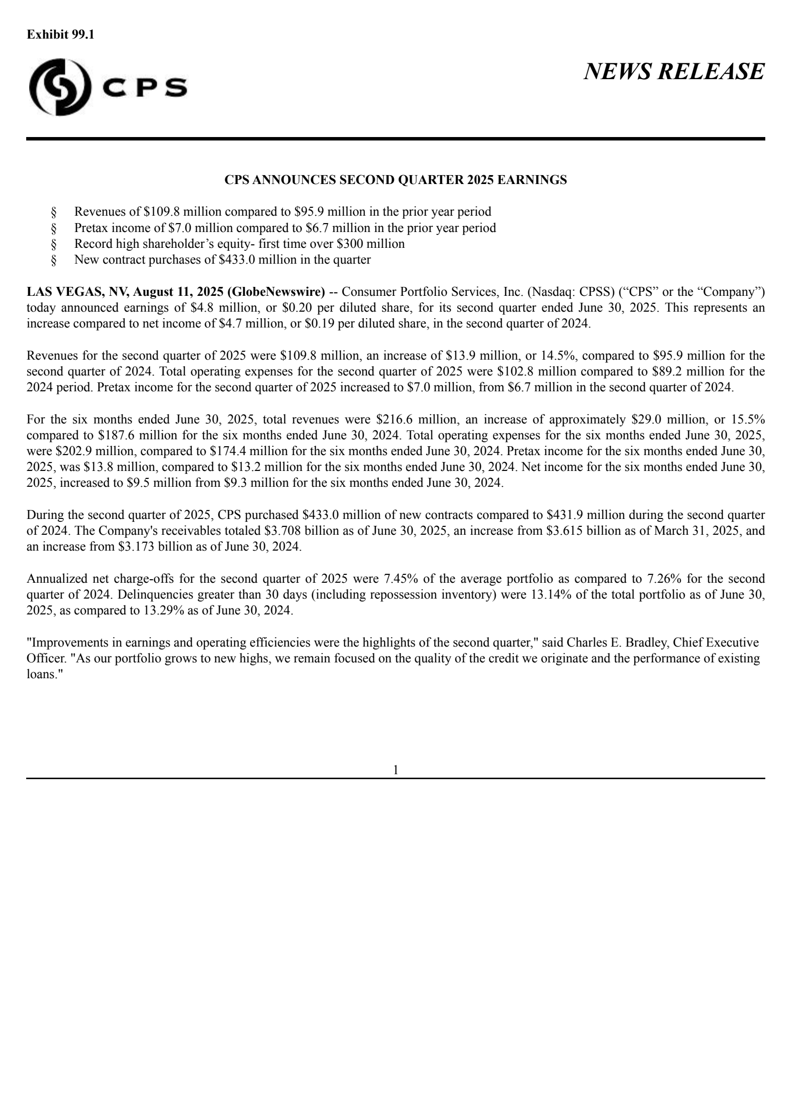 Consumer Portfolio Services' Q2 2025 Press Release