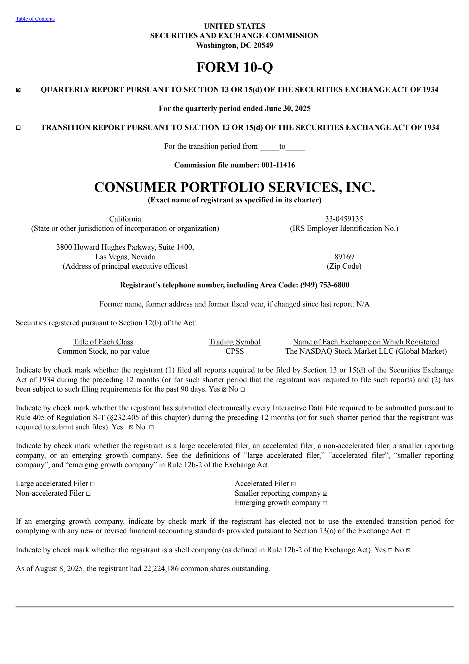 Consumer Portfolio Services' Q2 2025 Quarterly report