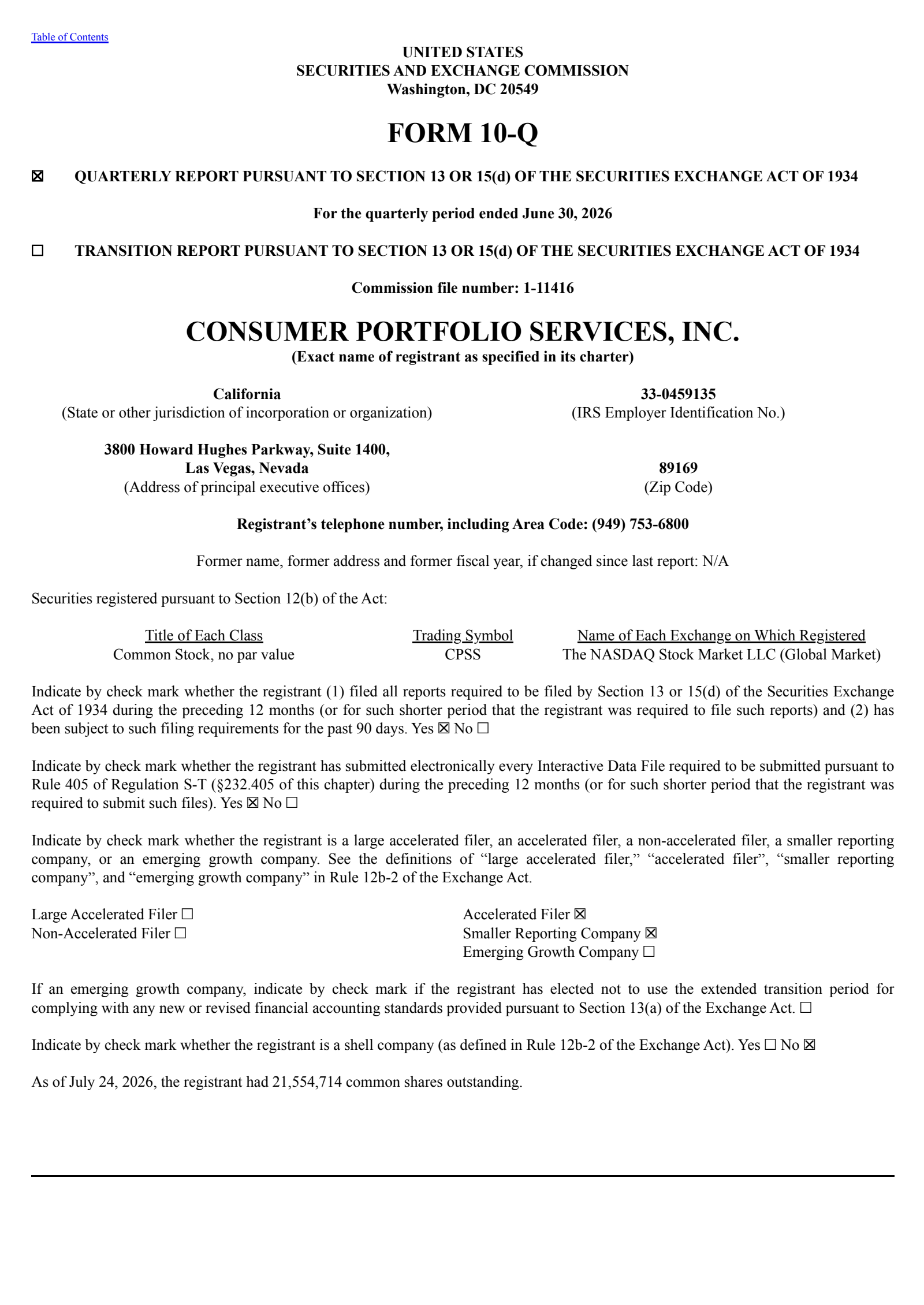 Consumer Portfolio Services' Q2 2026 Quarterly report