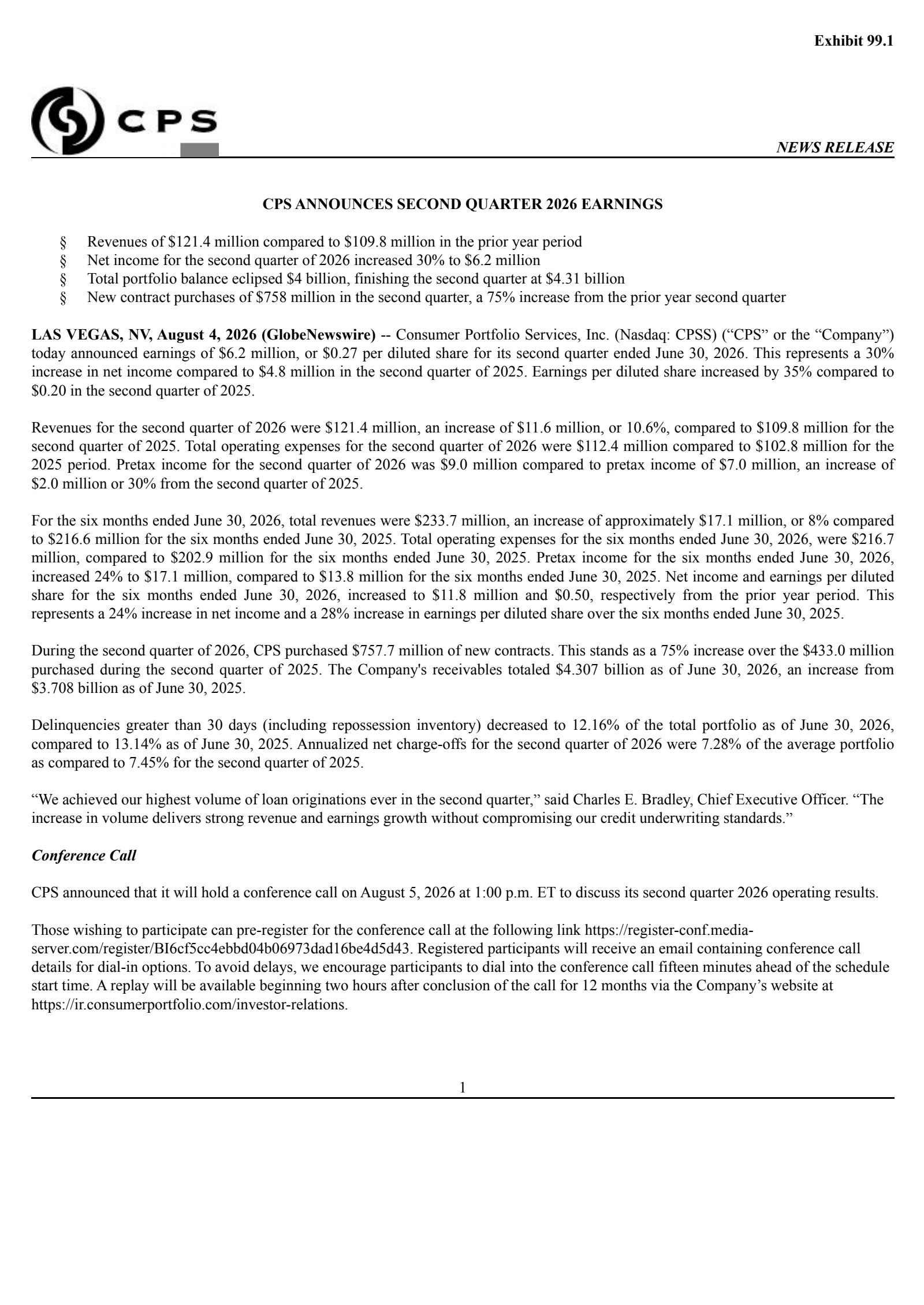 Consumer Portfolio Services' Q2 2026 Press Release