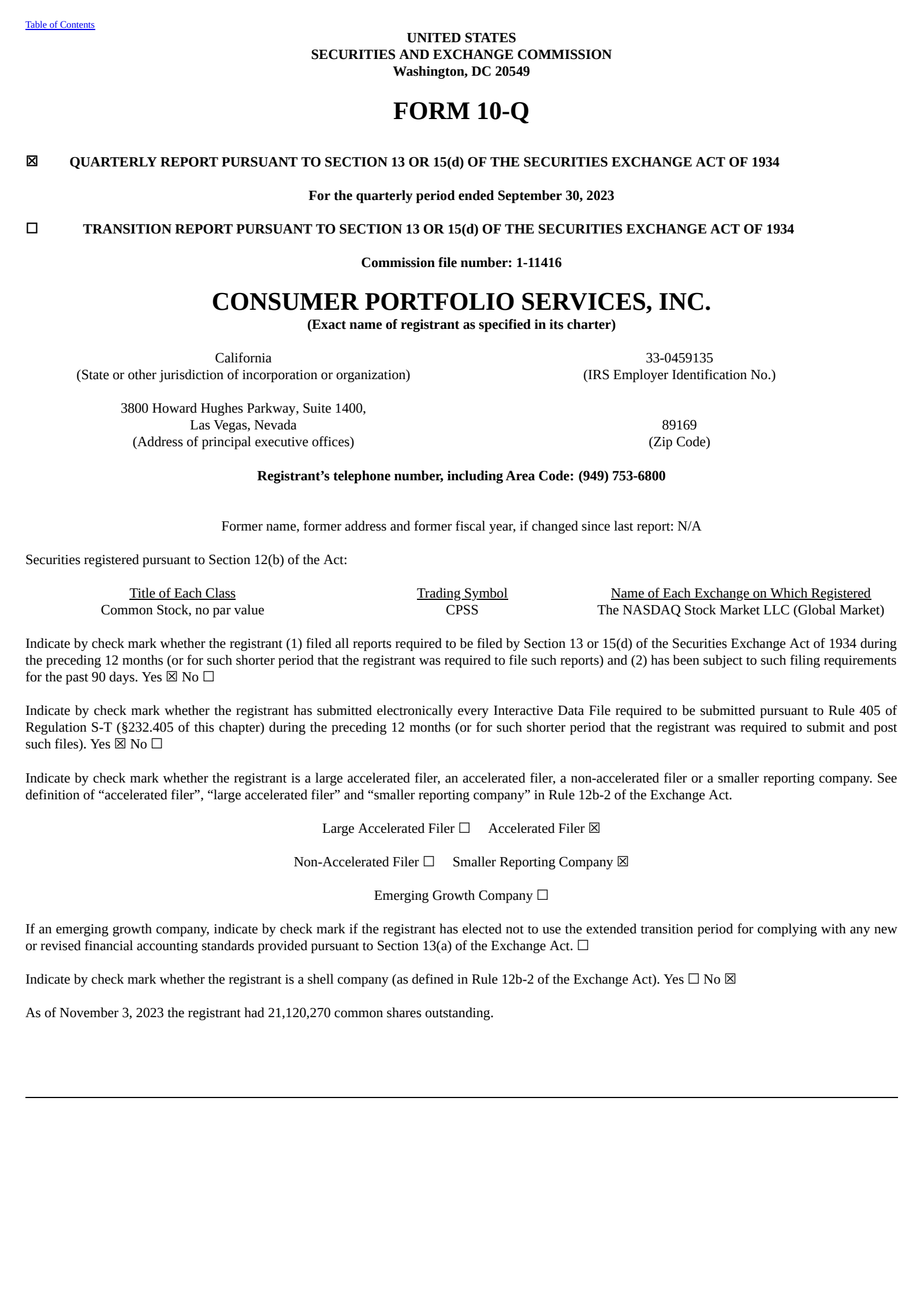 Consumer Portfolio Services' Q3 2023 Quarterly Report