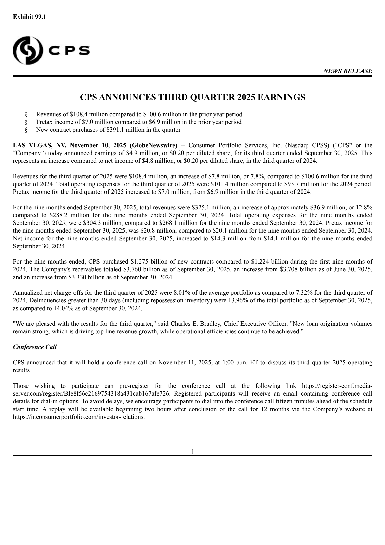 Consumer Portfolio Services' Q3 2025 Earnings Release