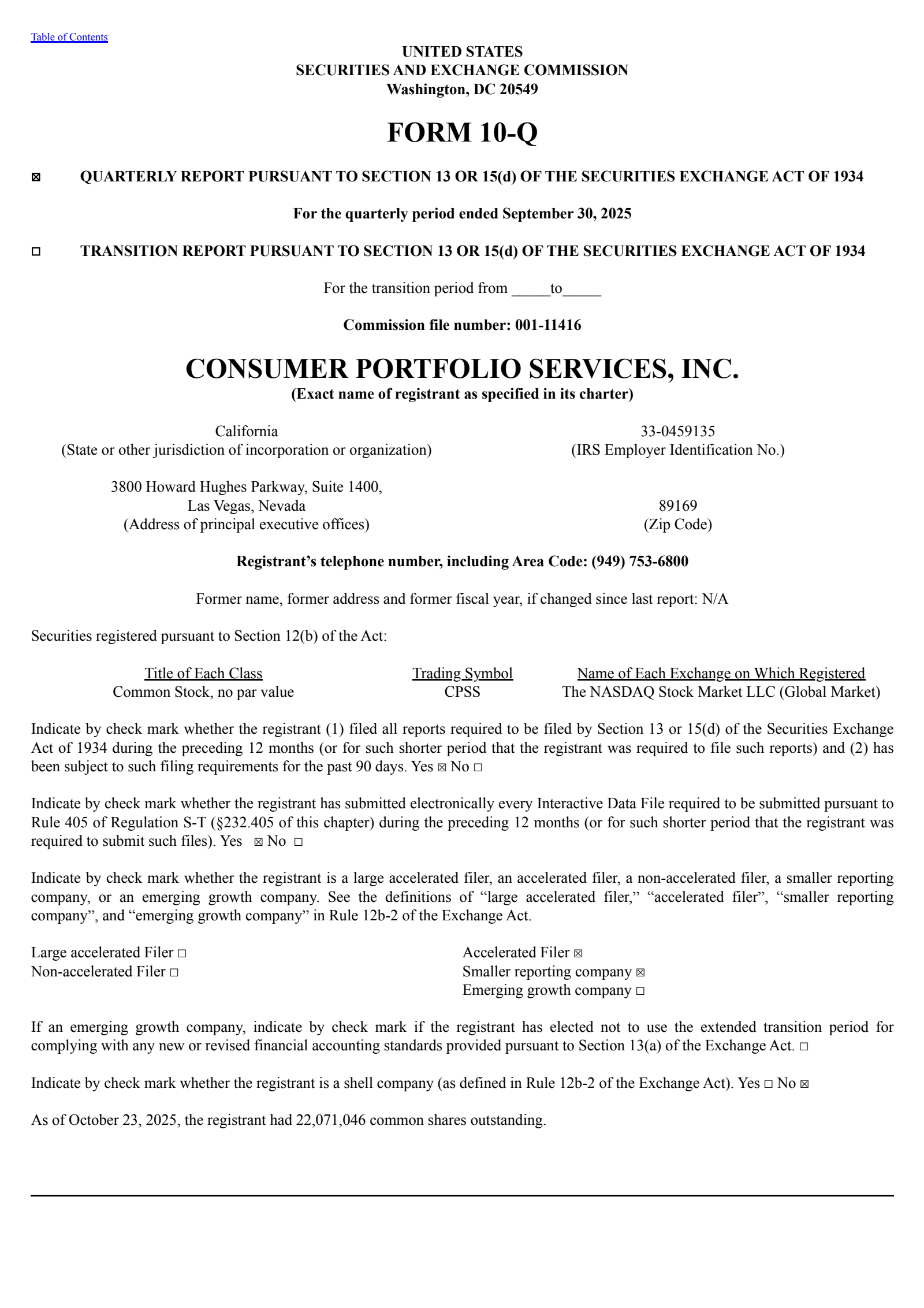 Consumer Portfolio Services' Q3 2025 Quarterly Report
