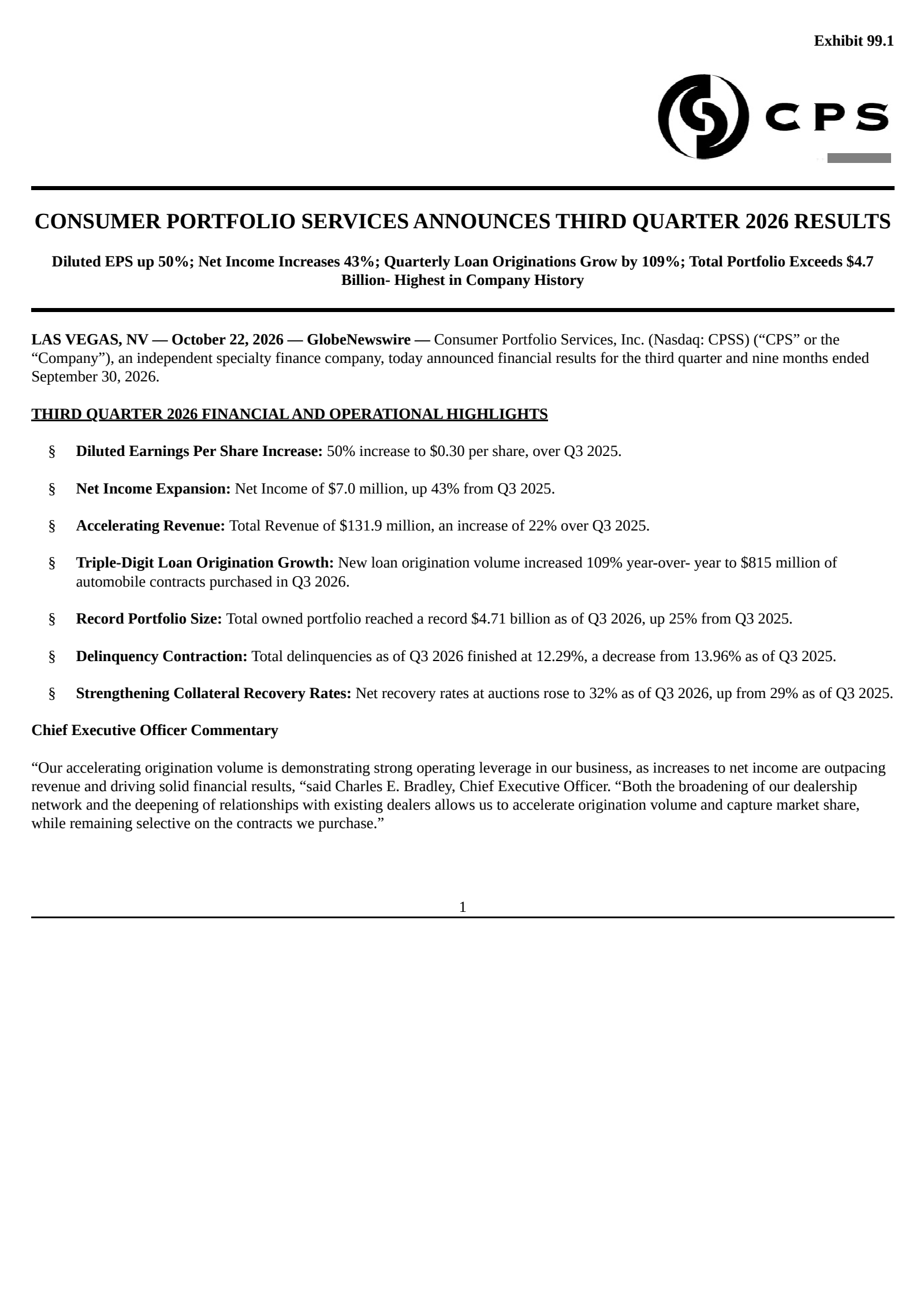 Consumer Portfolio Services' Q3 2026 Press Release