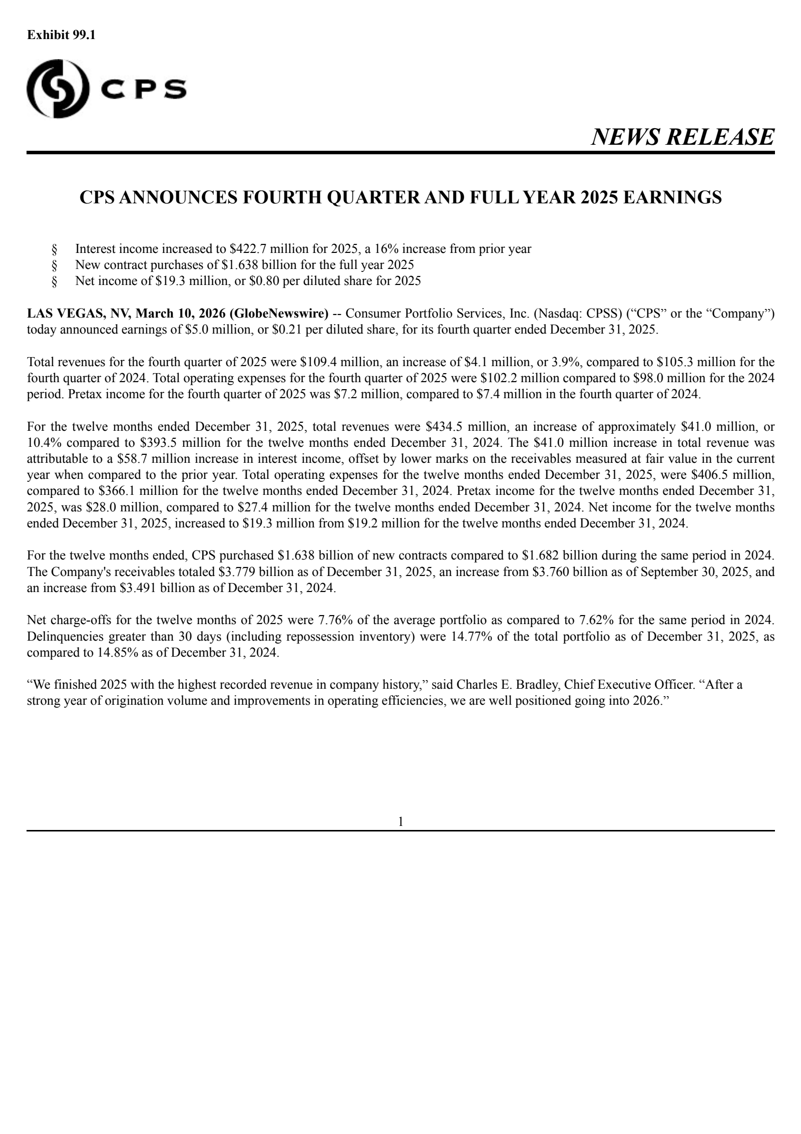 Consumer Portfolio Services' Q4 2025 Press Release