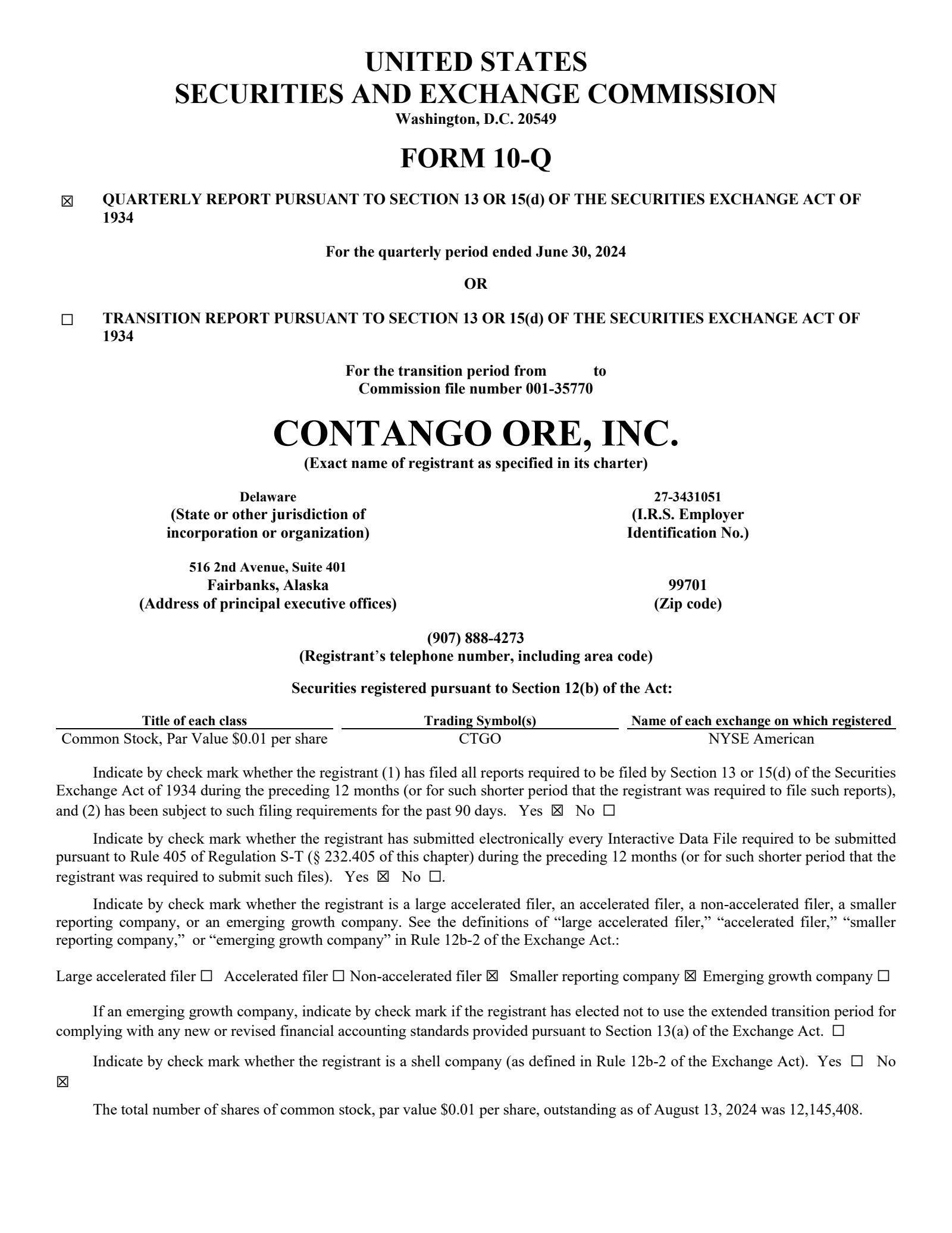 Contango ORE's Q2 2024 Quarterly Report