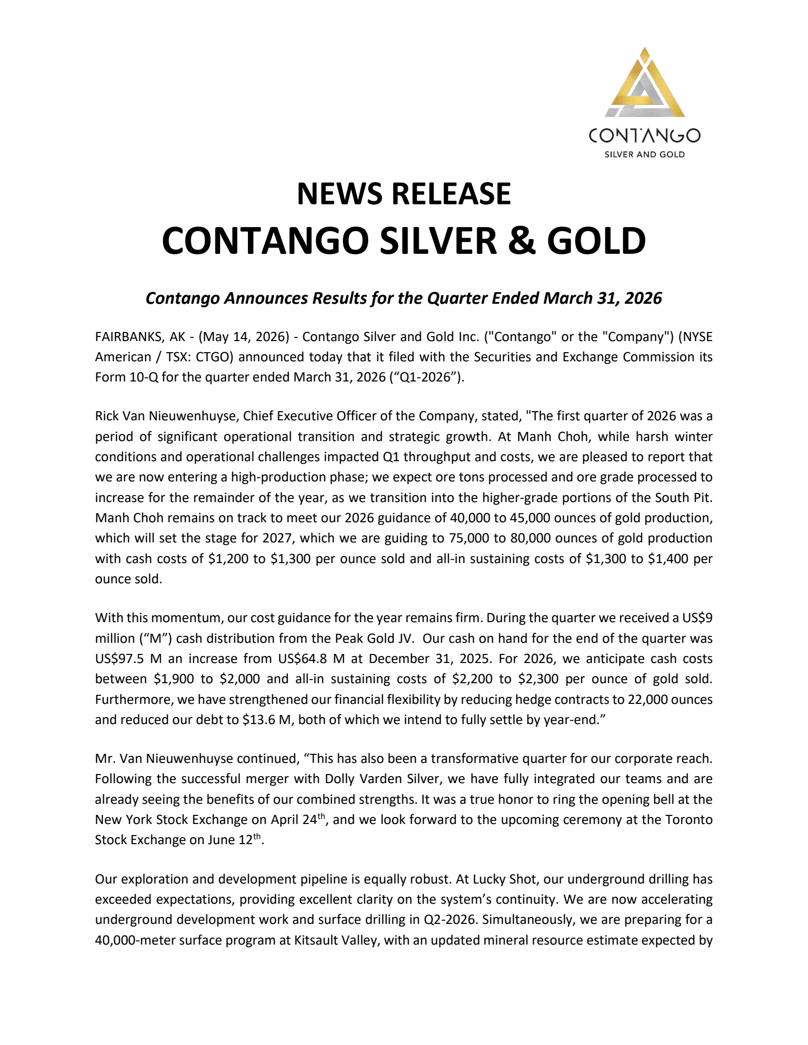 Contango ORE's Q1 2026 Press Release