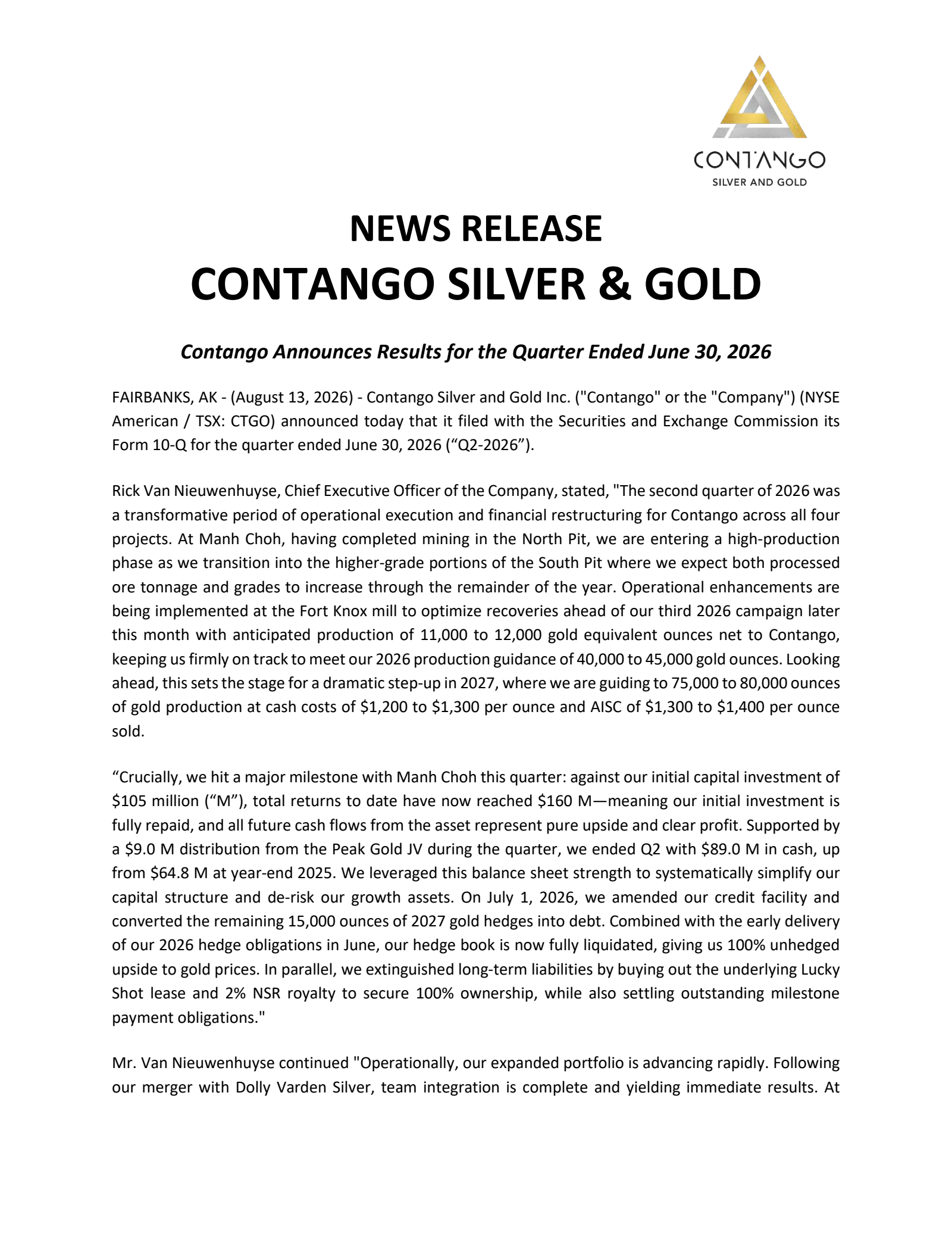 Contango ORE's Q2 2026 Press Release