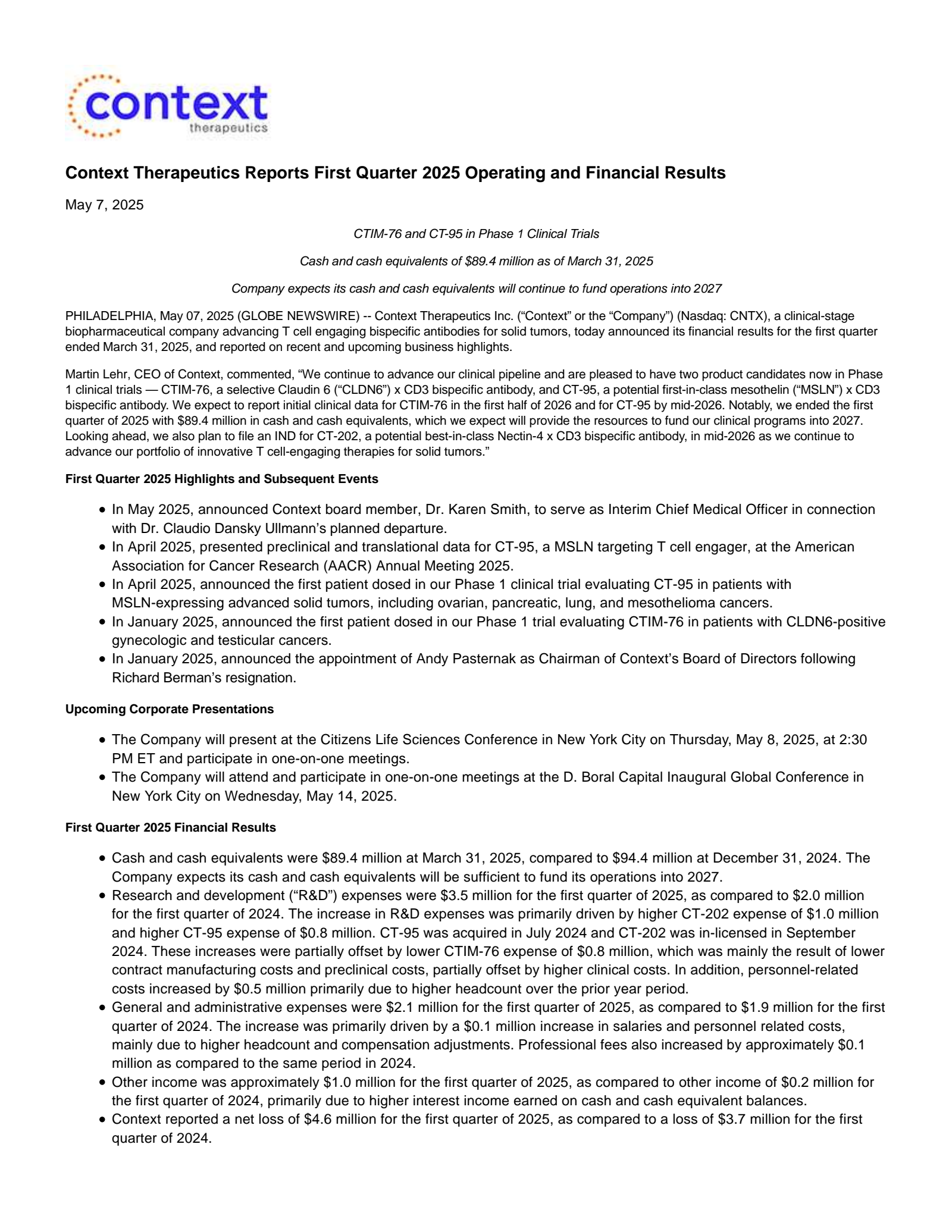 Context Therapeutics' Q1 2025 Press Release