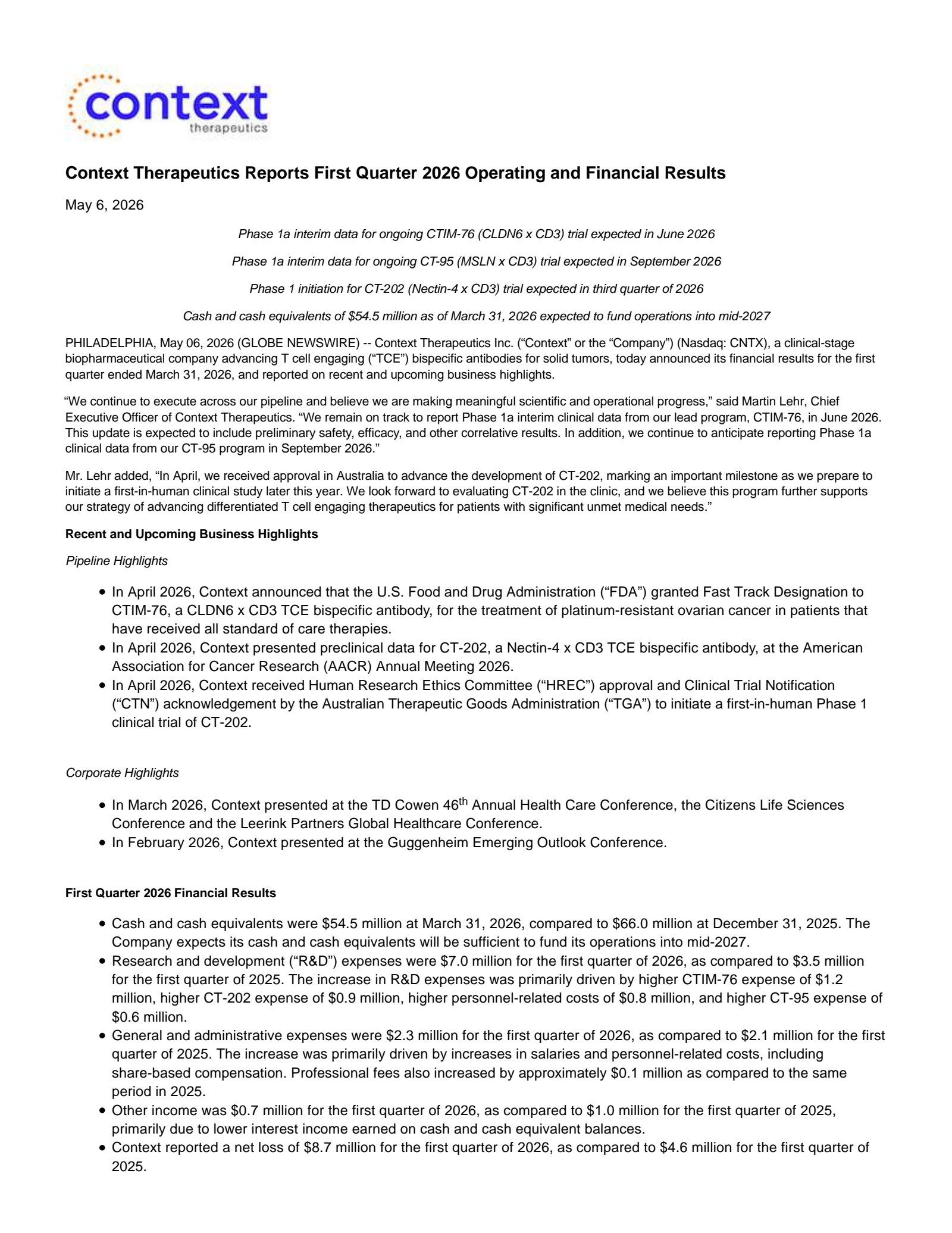 Context Therapeutics' Q1 2026 Press Release
