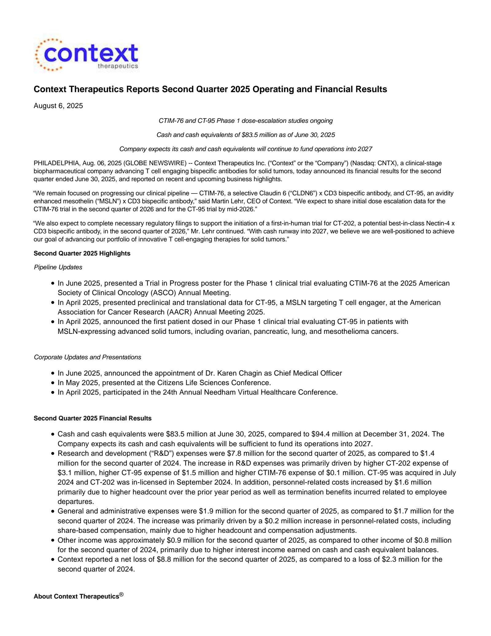 Context Therapeutics' Q2 2025 Press Release