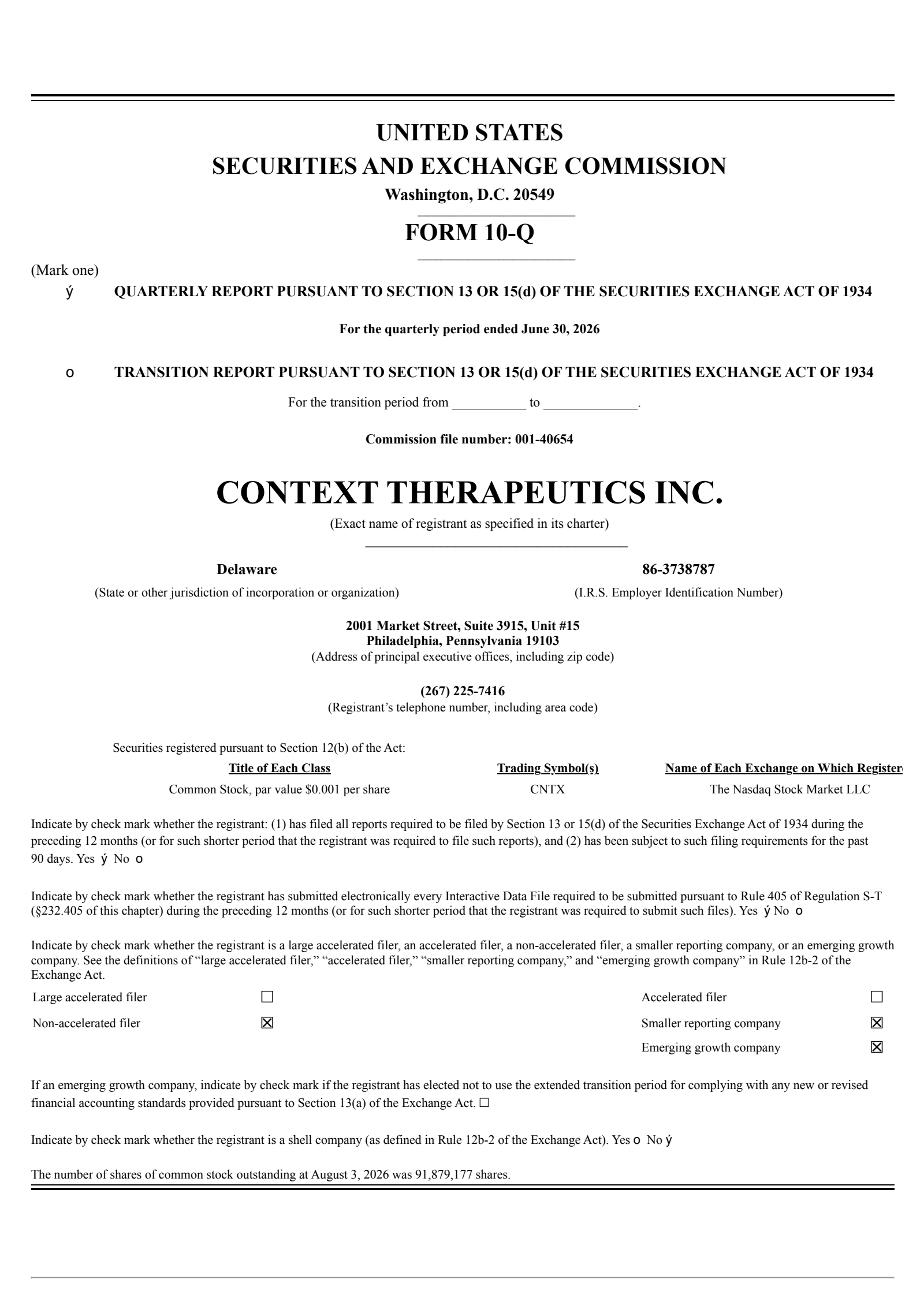 Context Therapeutics' Q2 2026 Quarterly report