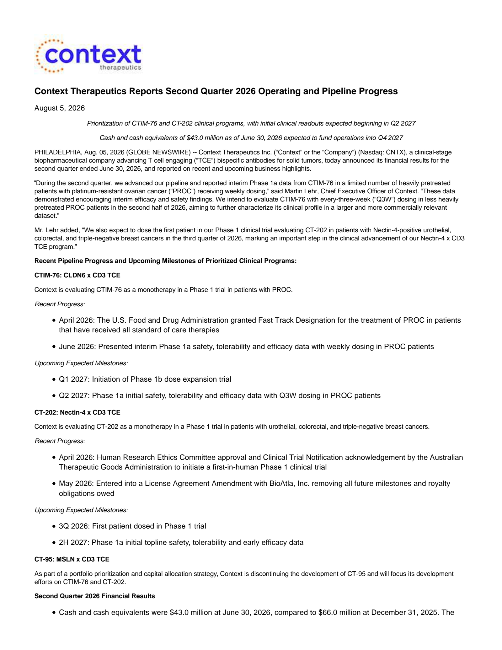 Context Therapeutics' Q2 2026 Press Release
