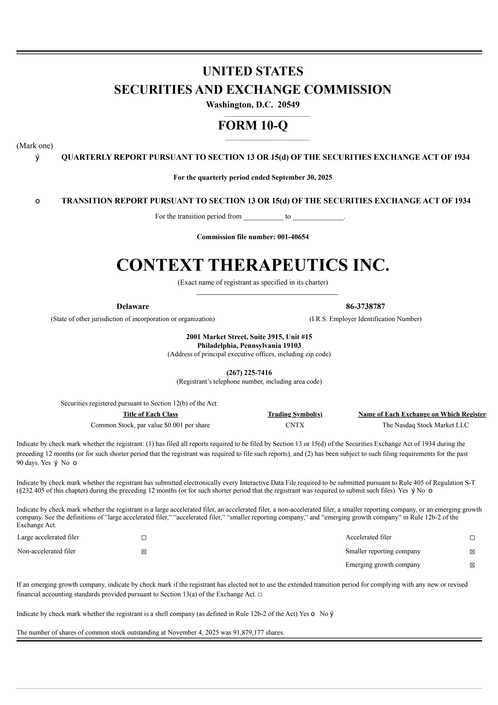 Context Therapeutics' Q3 2025 Quarterly Report