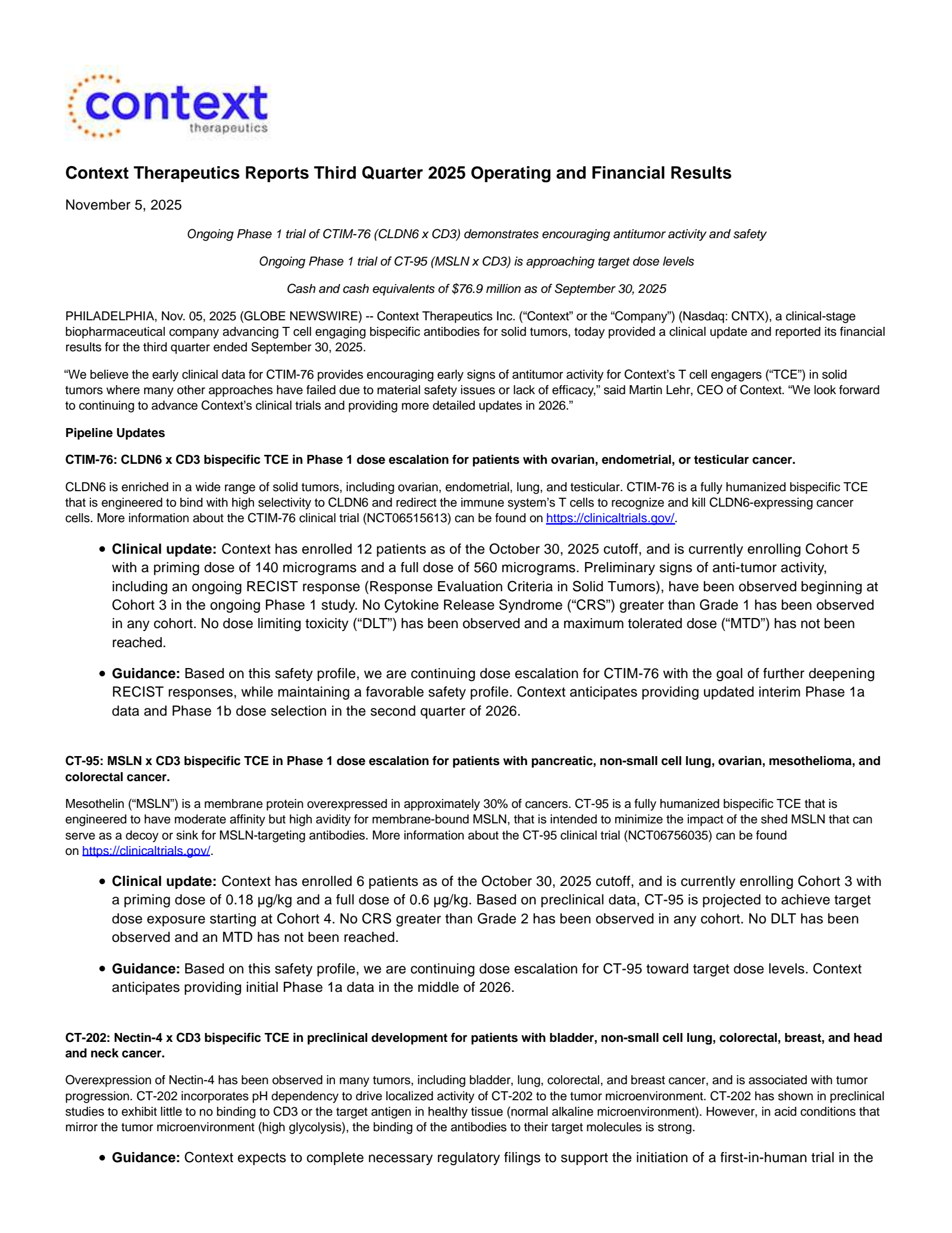 Context Therapeutics' Q3 2025 Earnings Release