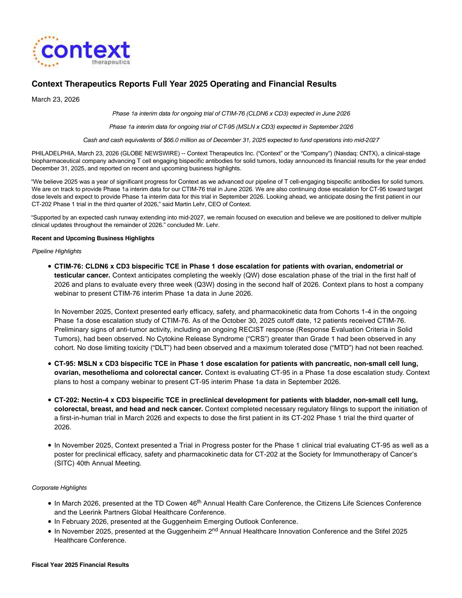 Context Therapeutics' Q4 2025 Press Release