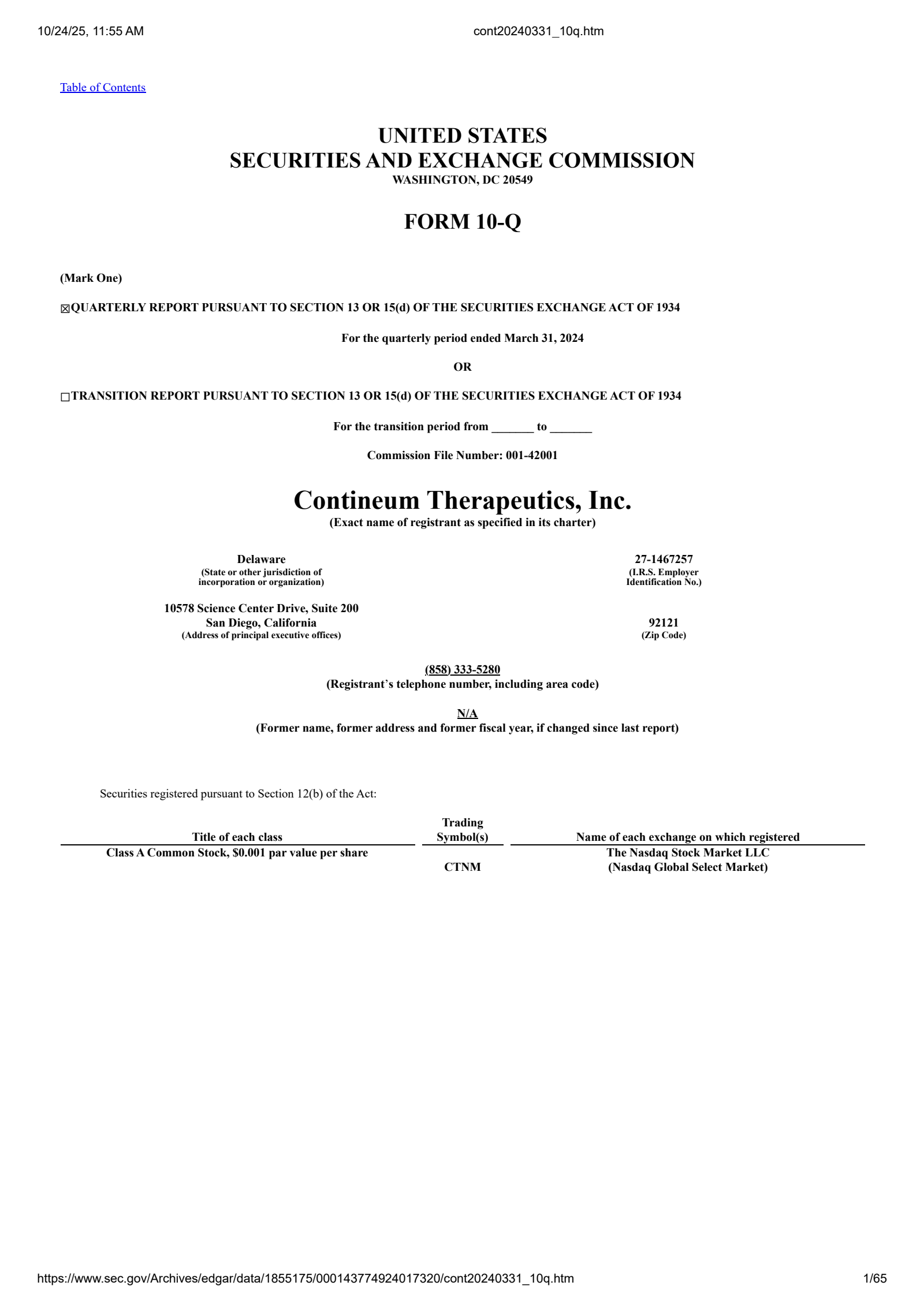 Contineum Therapeutics' Q1 2024 Quarterly Report